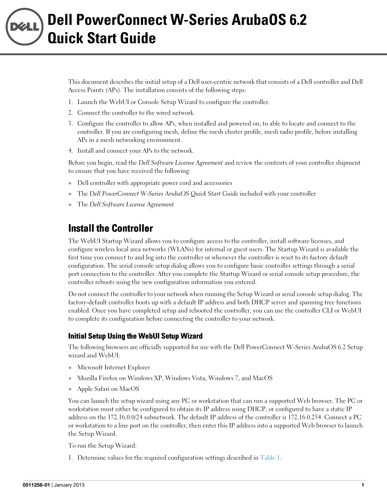 Dell ArubaOS 6.2 Quick Start Guide - Page 1