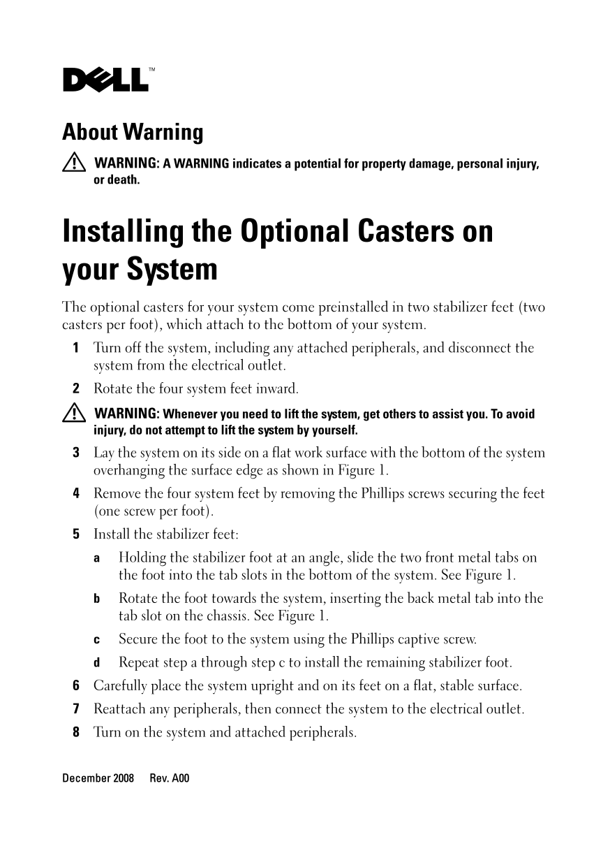Installing Optional Casters on Dell Systems - User Guide and Installation Manual - Page 1