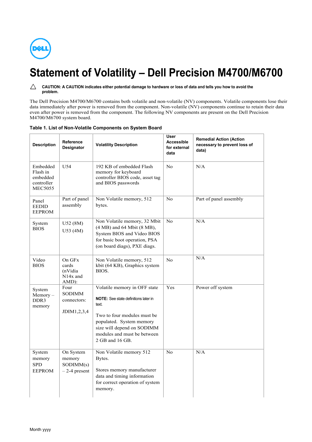 Dell Precision M6700 Statement of Volatility - Page 1