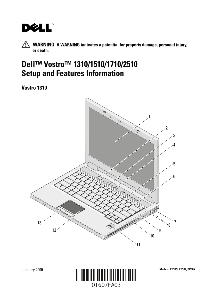 Dell Vostro 1710 Setup and Features Information - Page 1