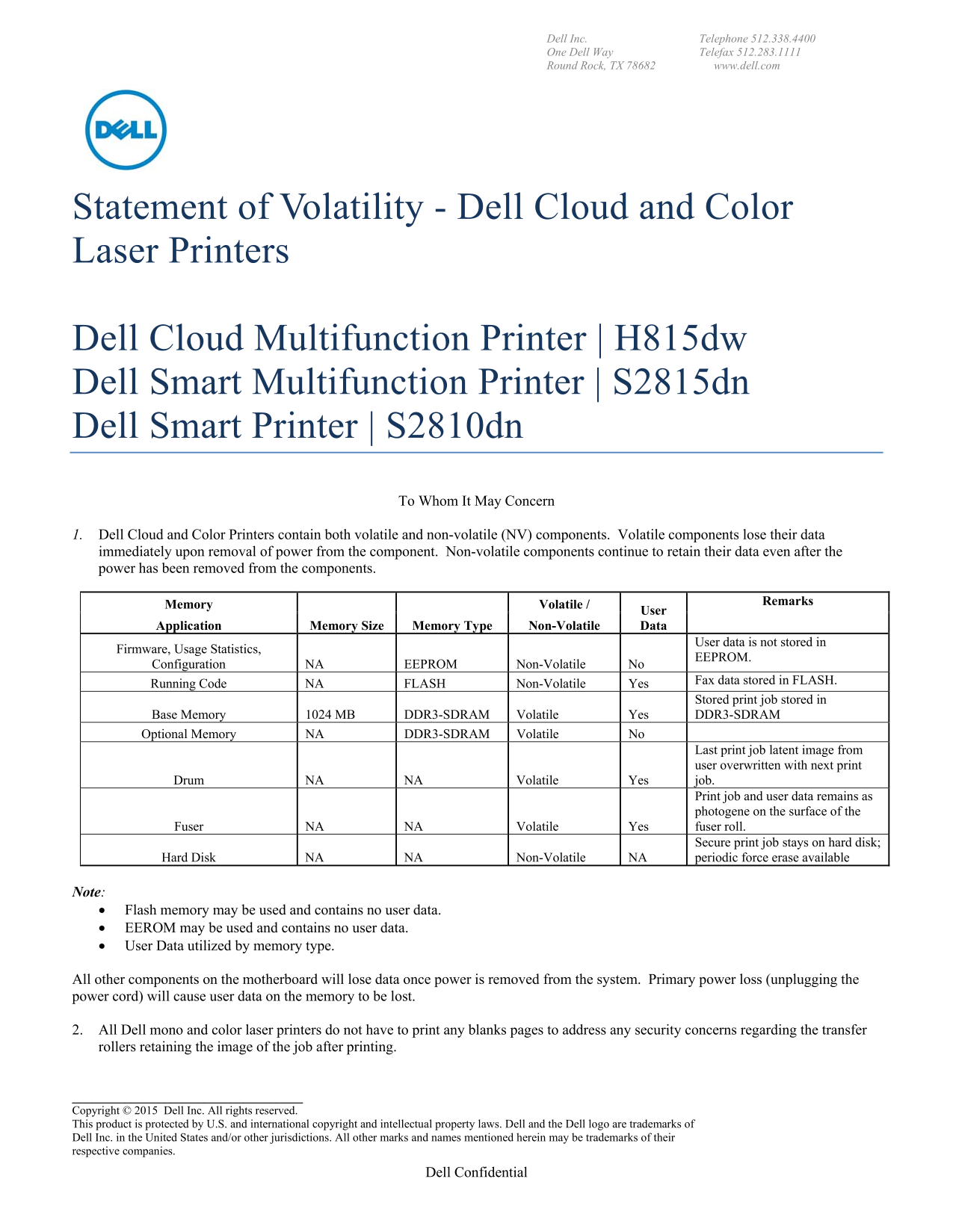 Letter of Volatility for Dell S2815dn, H815dw, and S2810dn Owners' Manual, User Guide - Page 1