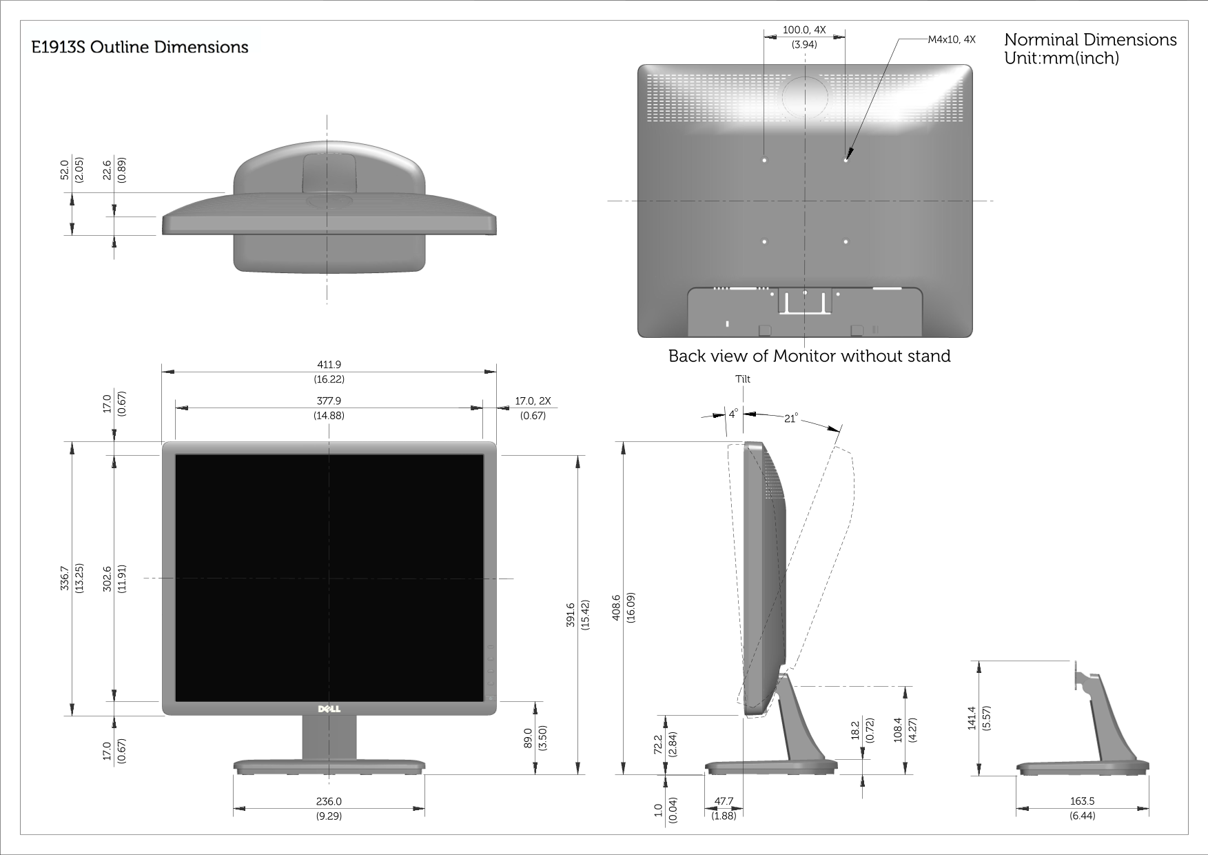 Dell E1913 Monitor Outline Drawing User's Manual - Page 1