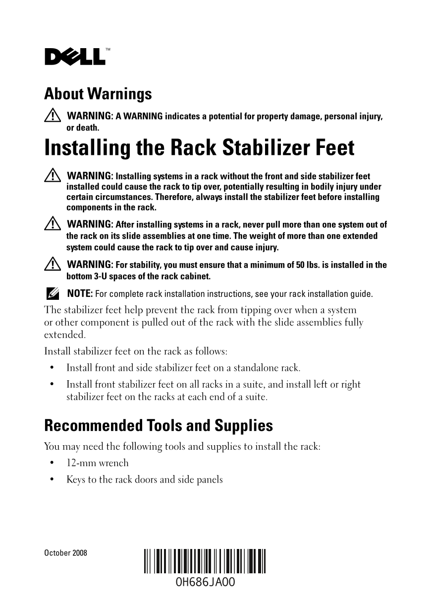 Installing Rack Stabilizer Feet for Dell Systems Owner's Manual - Page 1