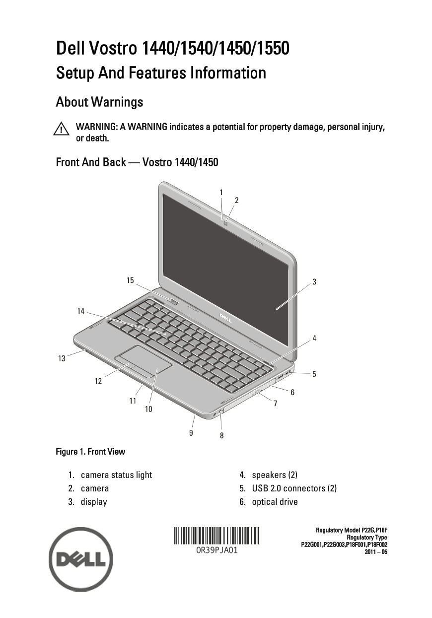 Dell Vostro 1550 Setup Tech Sheet, Features Information - Page 1