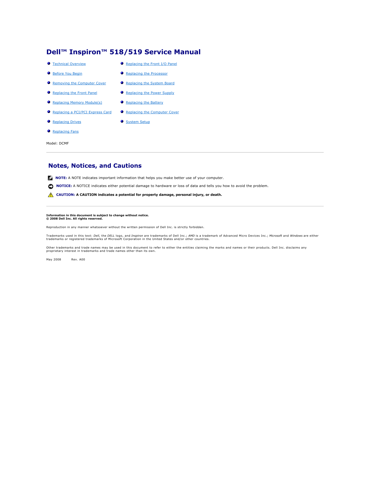 Dell Inspiron 519 Service Manual - Page 1
