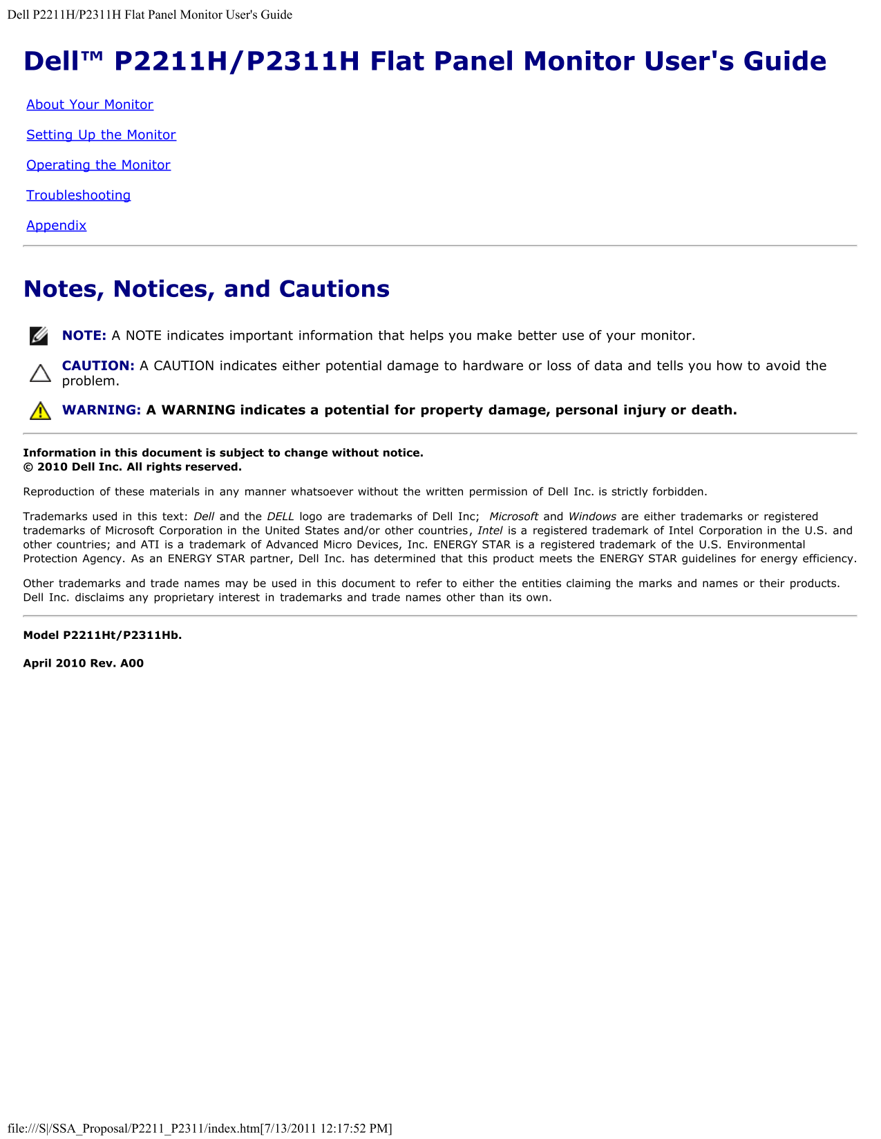 Dell P2211H Monitor User's Guide - Page 1