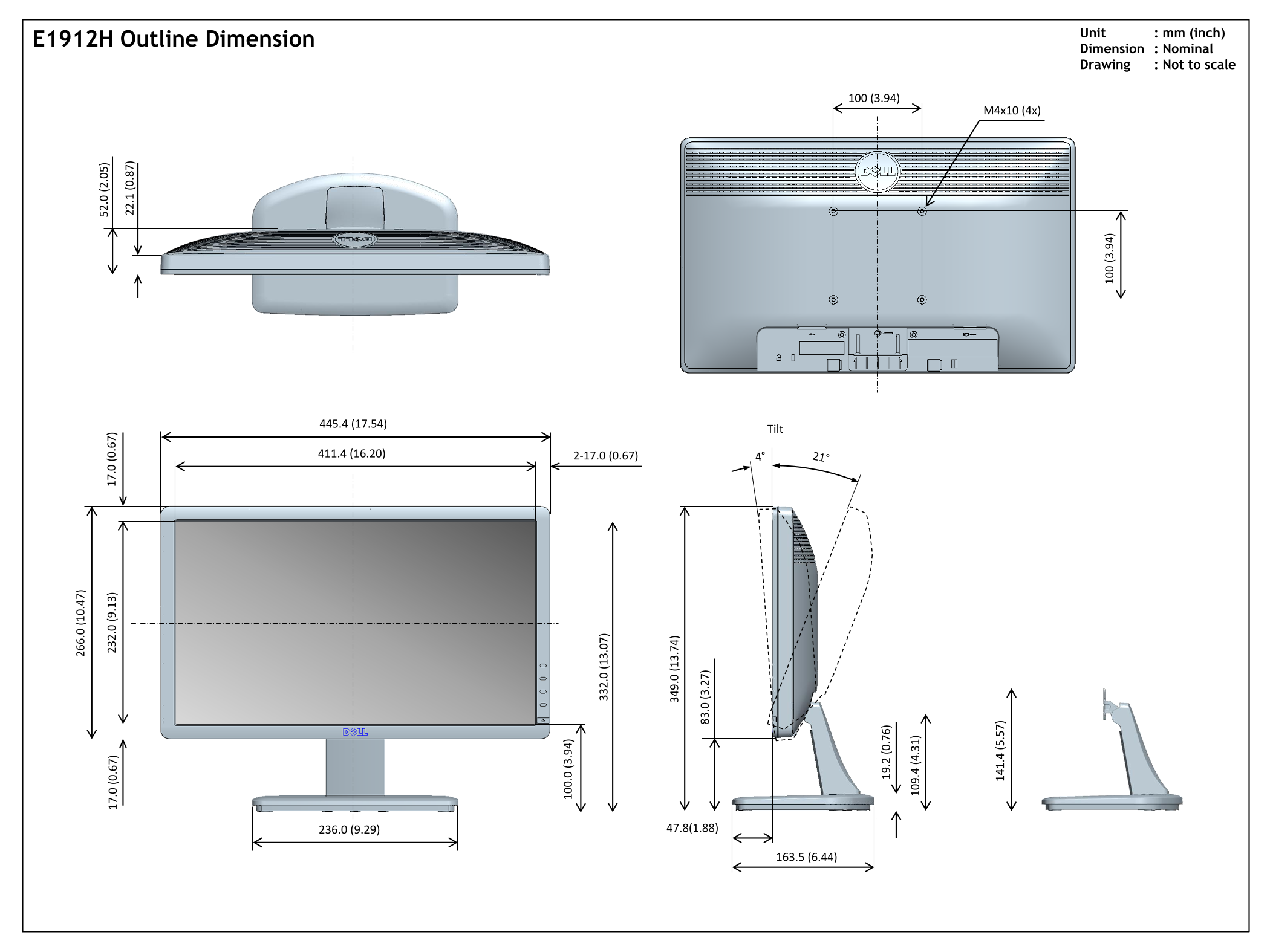 Dell E1912H Monitor Outline Drawing Owner's Manual - Page 1