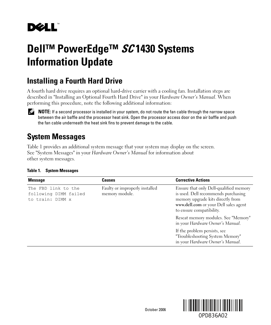 Dell PowerEdge SC 1430 Systems Information Update - Page 1