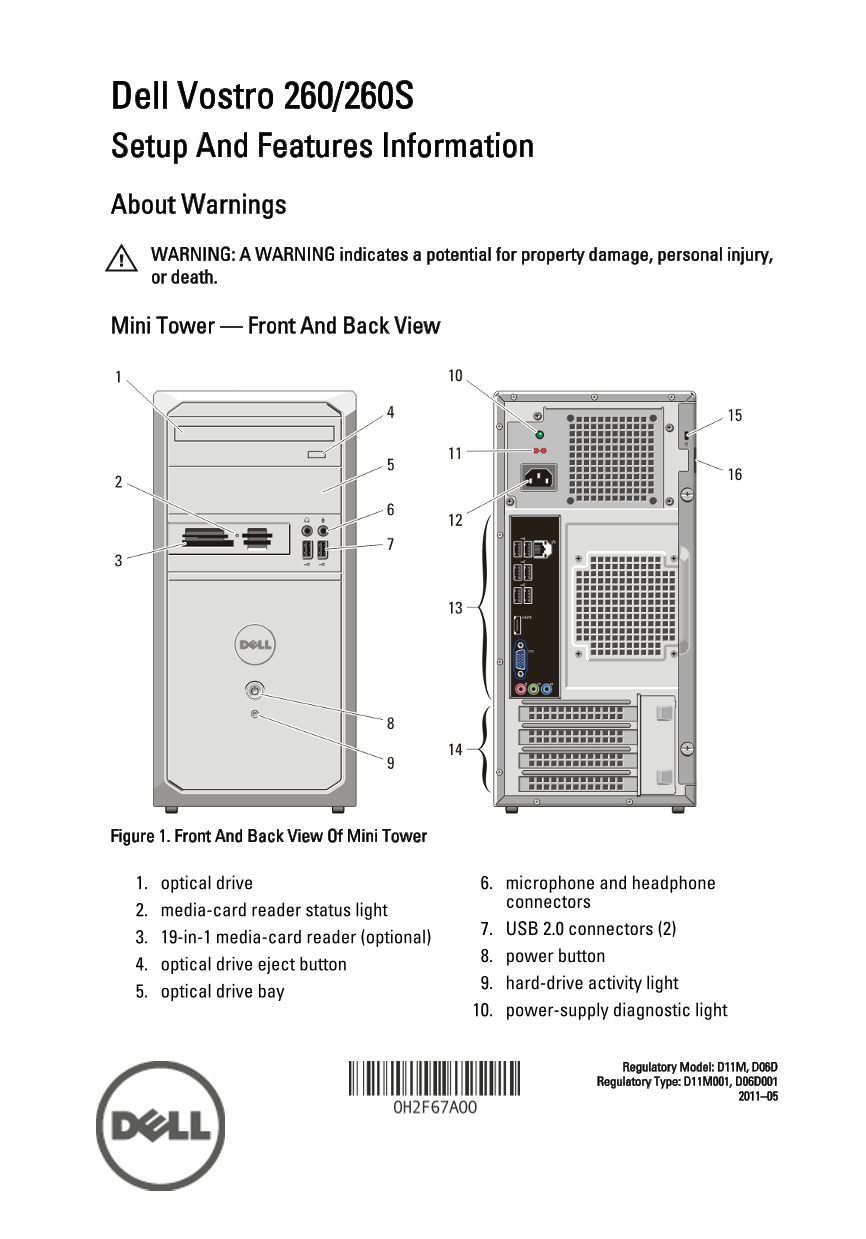 Dell Vostro 260 Setup and Features Information Tech Sheet - Page 1