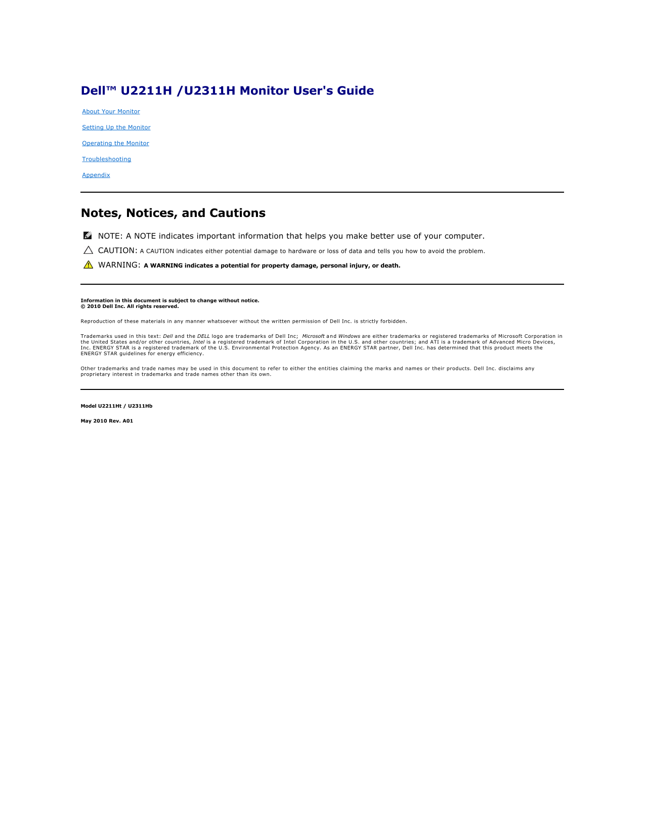 Dell U2211H Monitor User's Guide - Page 1