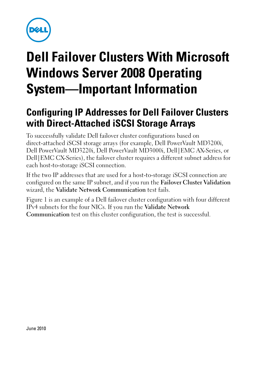 Dell PowerVault MD3200i/MD3220i Important Info with Windows HA Clusters Owner's Manual, User Guide - Page 1