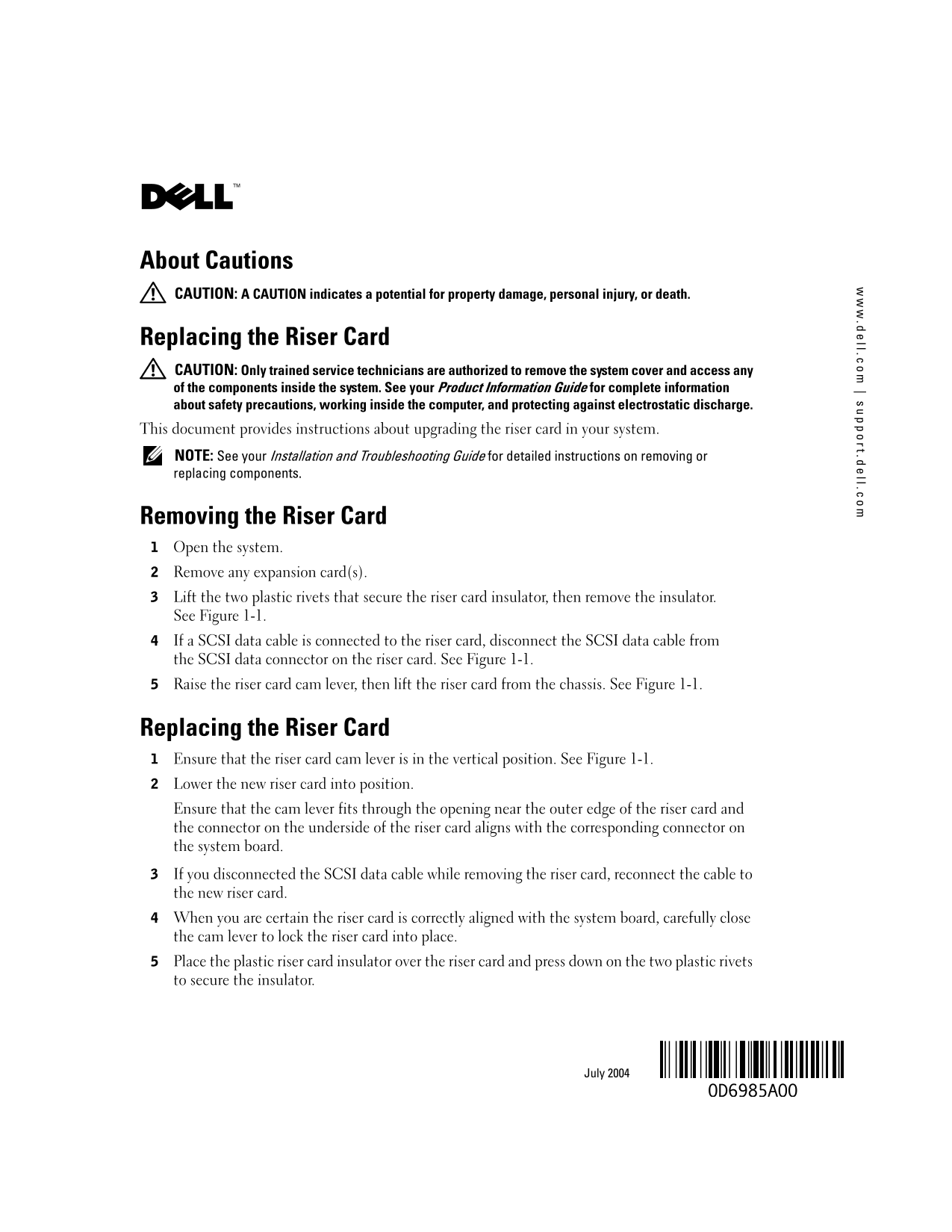 Replacing the Riser Card Instructions - Dell Owners Manual - Page 1