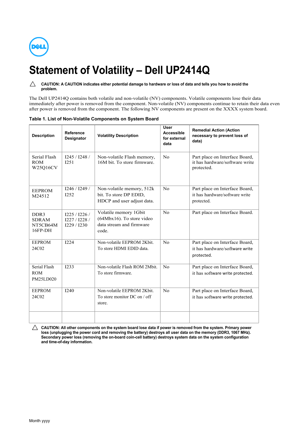 Dell UP2414Q Statement of Volatility - Page 1