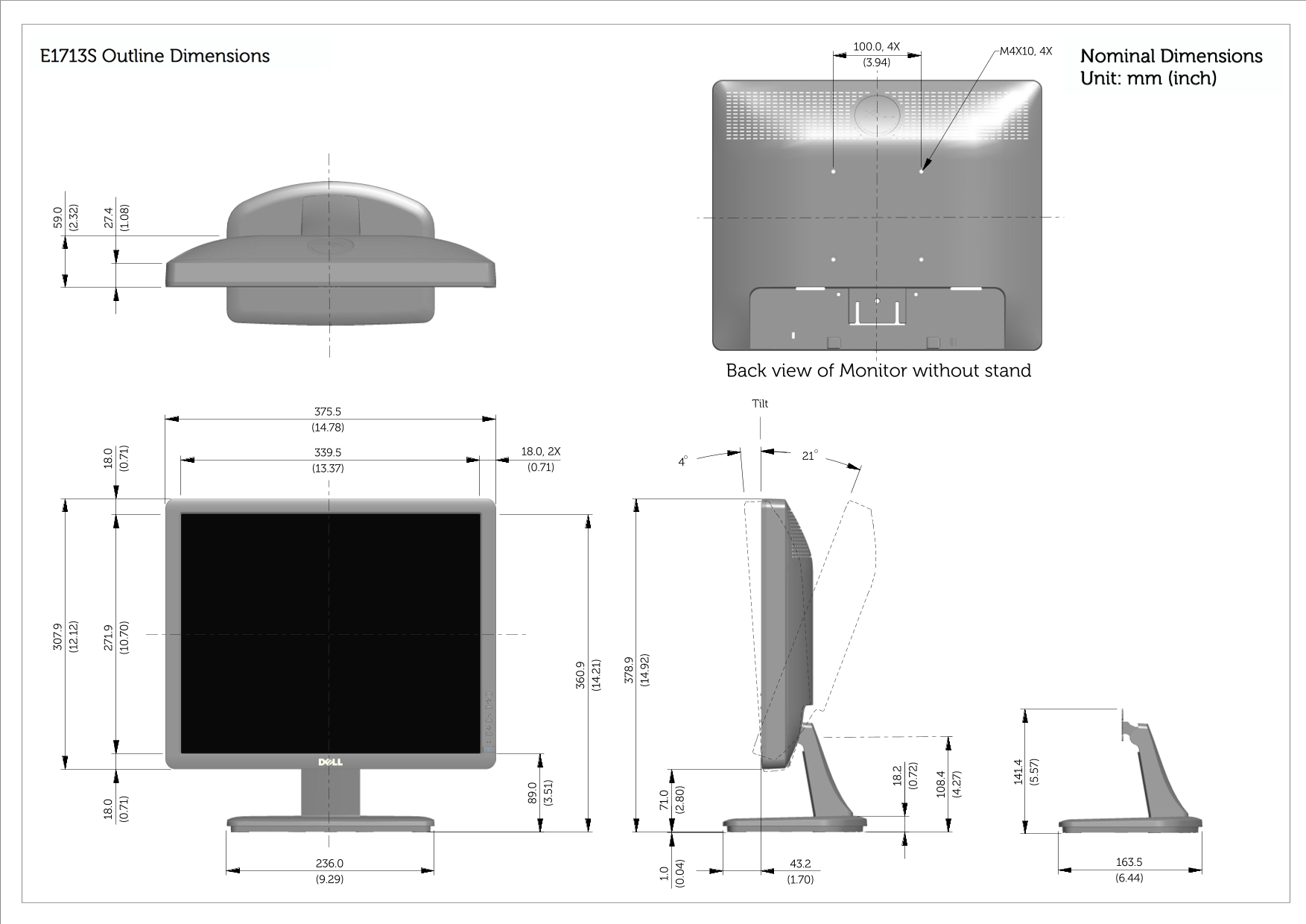 Dell E1713S E2013H Outline Dimensions User Manual, Dell Owners' Manual - Page 1