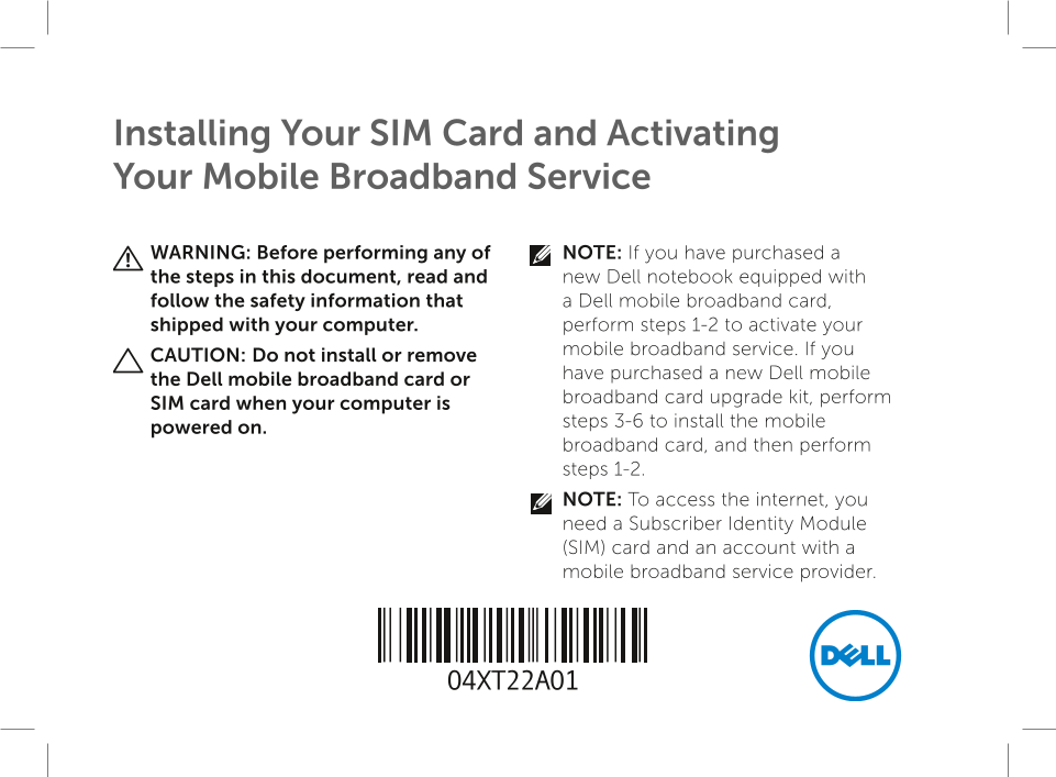 Installing Your SIM Card and Activating Mobile Broadband Service with Dell - Page 1