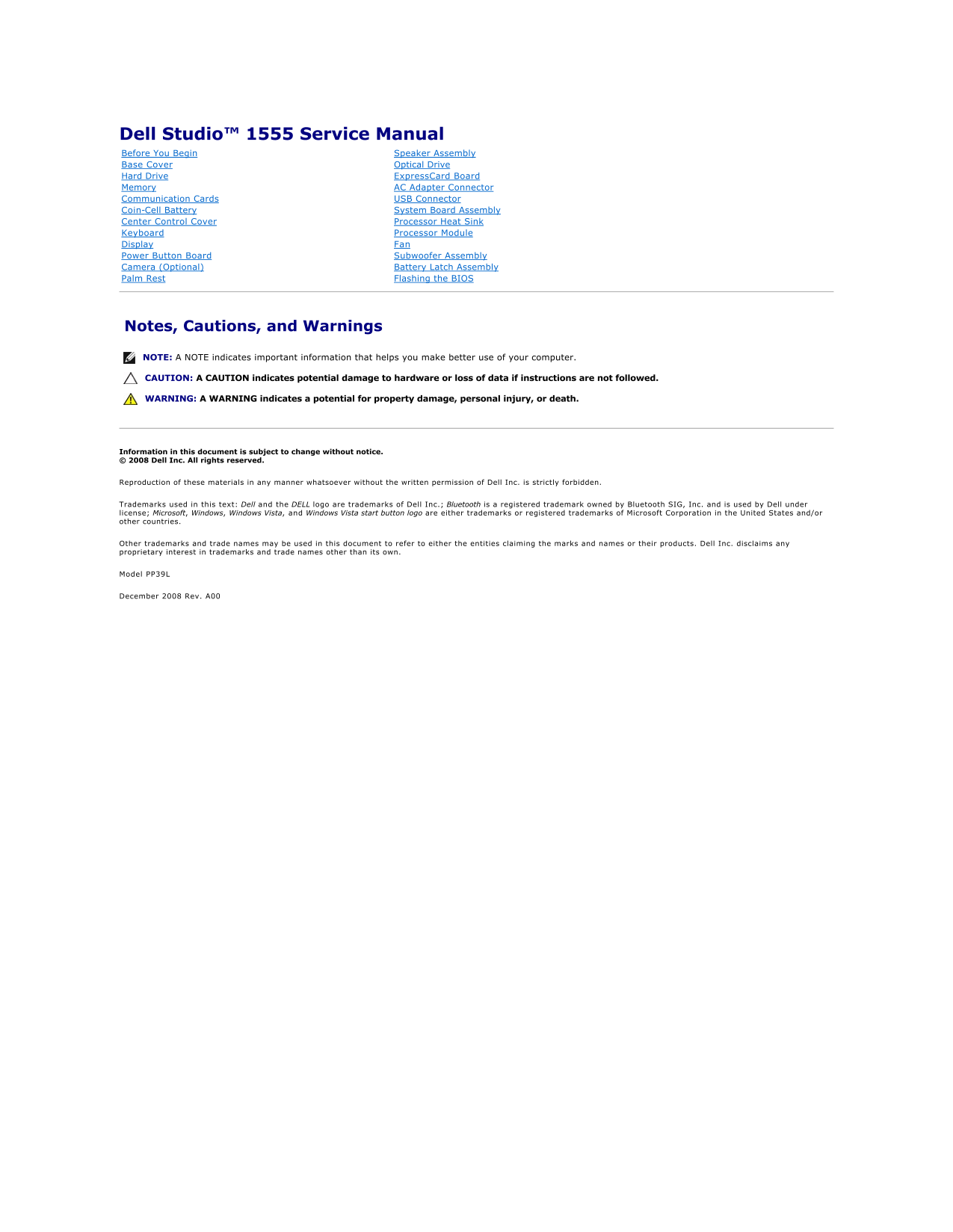 Dell Studio 1555 Service Manual - Page 1