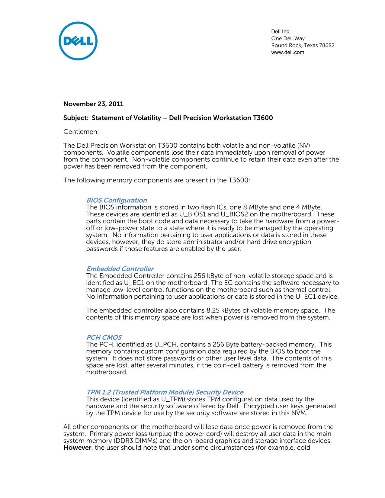 Dell Precision T3600 Statement of Volatility - Page 1