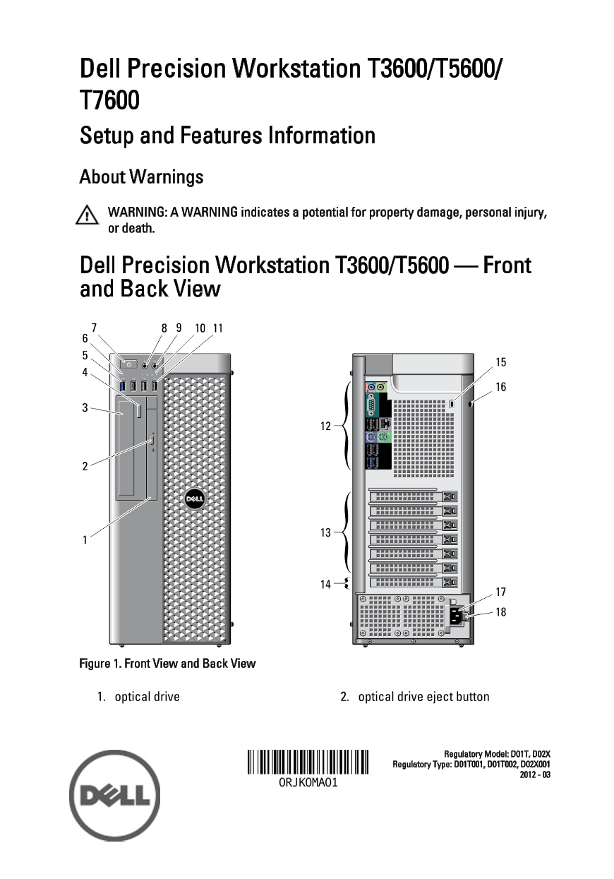 Dell Precision T3600 Setup and Features Information Tech Sheet - Page 1