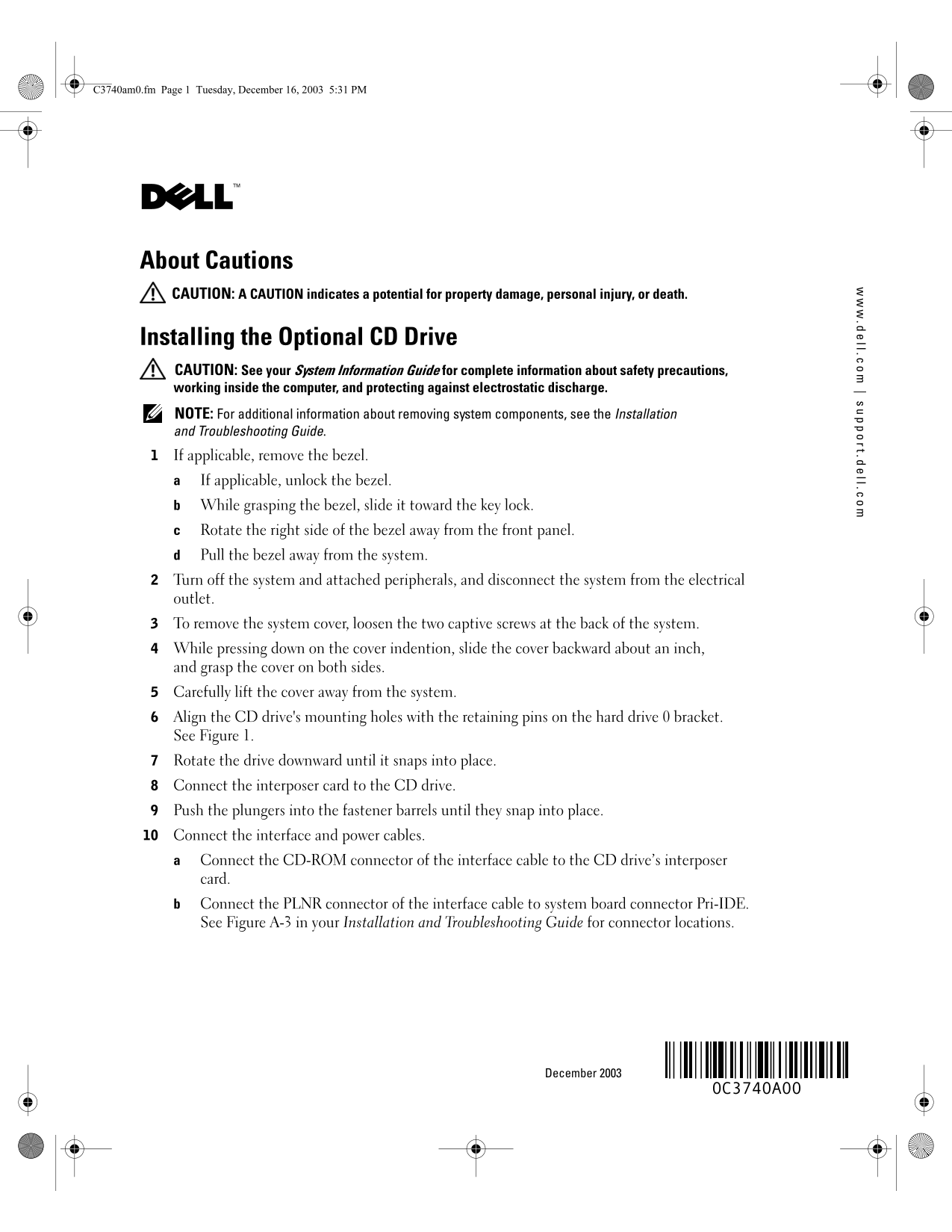 Installing the Optional CD Drive - Dell Setup Guide & User Manual - Page 1