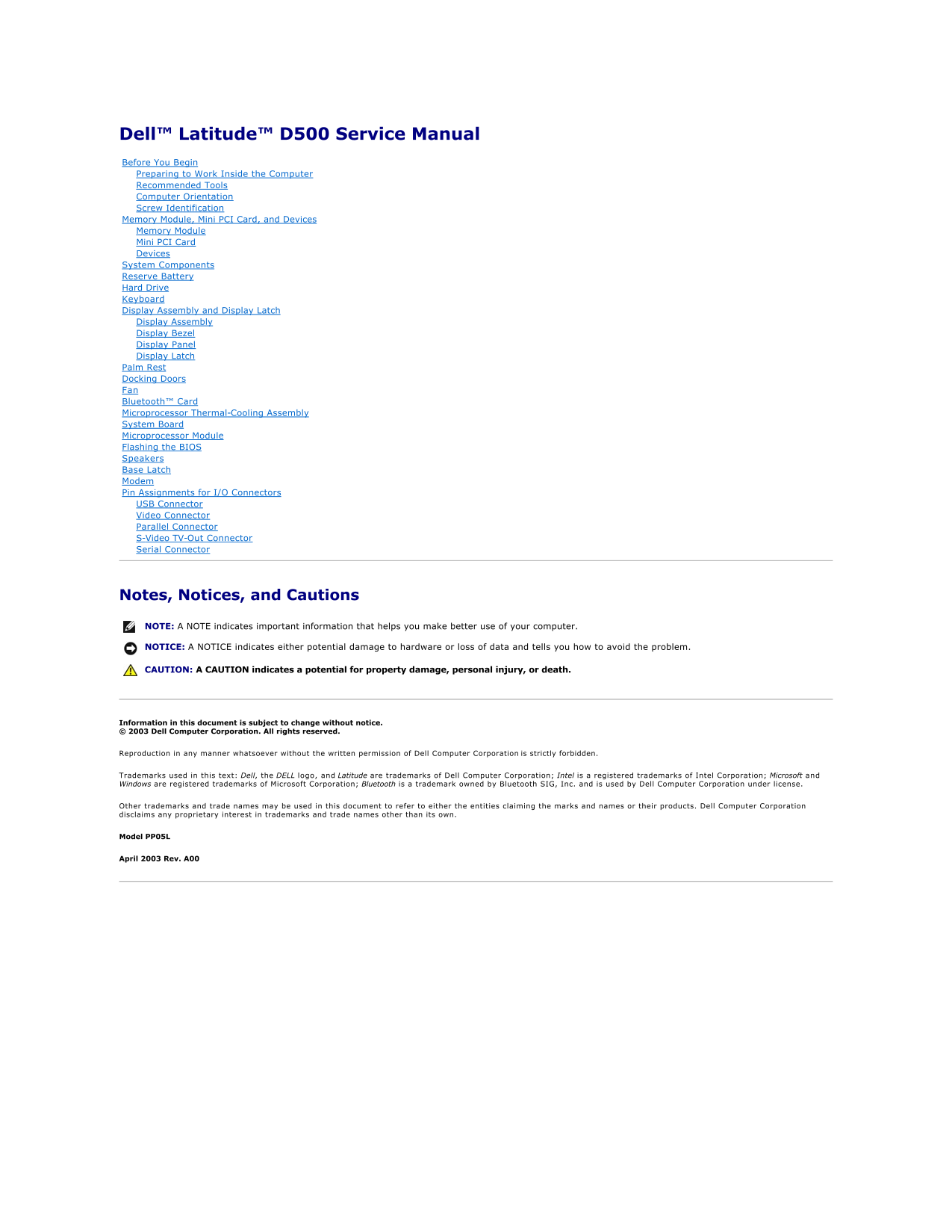 Dell Latitude D500 Service Manual - Page 1