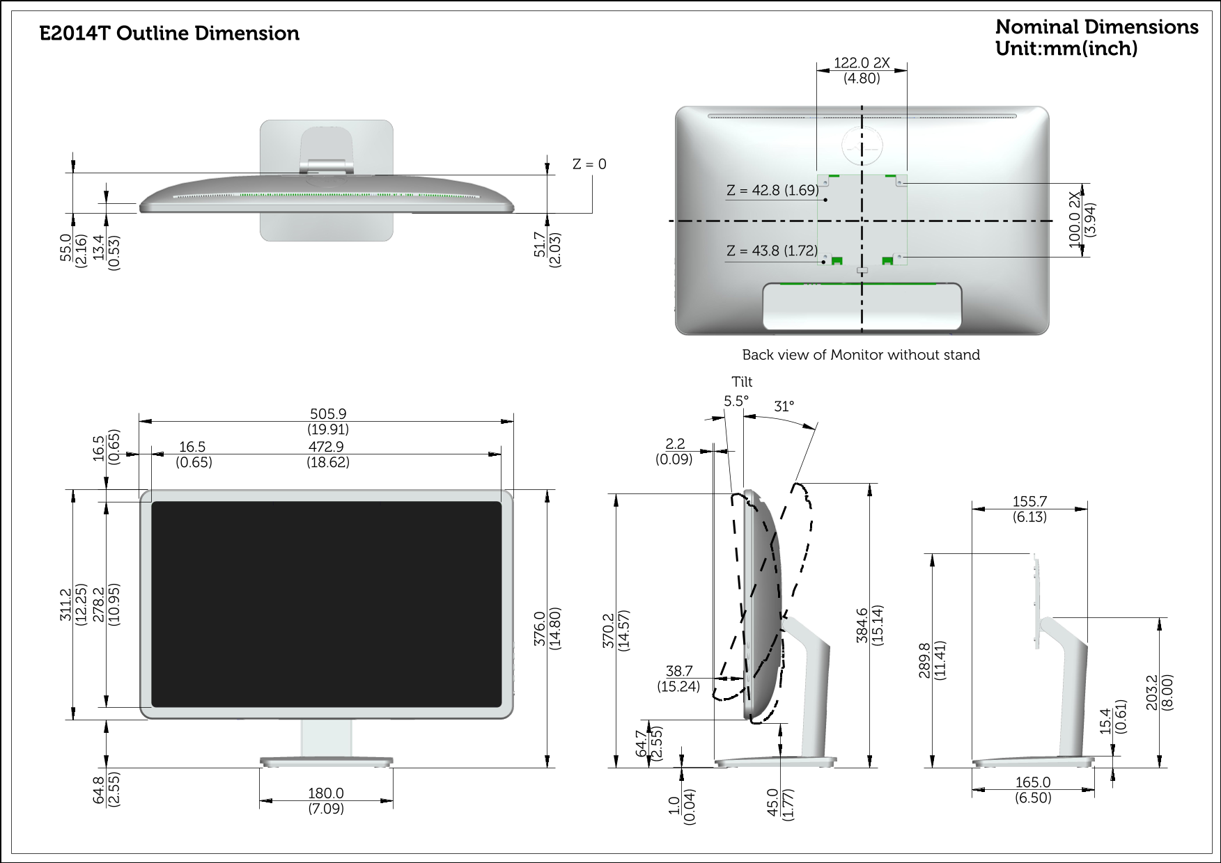 Dell E2014T Outline Drawing Owner's Manual - Page 1