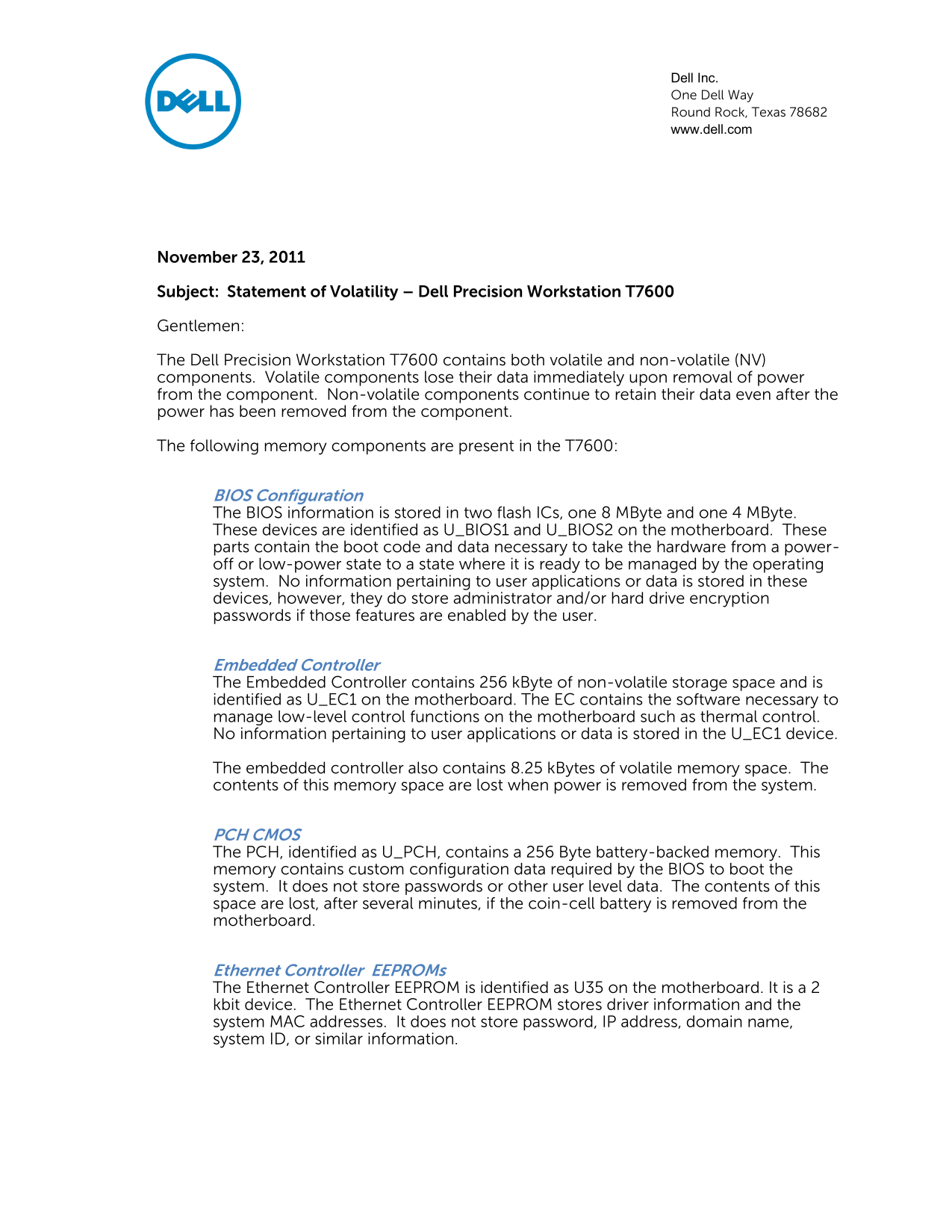 Dell Precision T7600 Statement of Volatility - Page 1