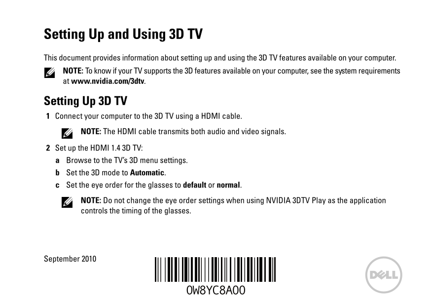 Dell XPS 14 3D TV Setup Guide and User Manual - Page 1