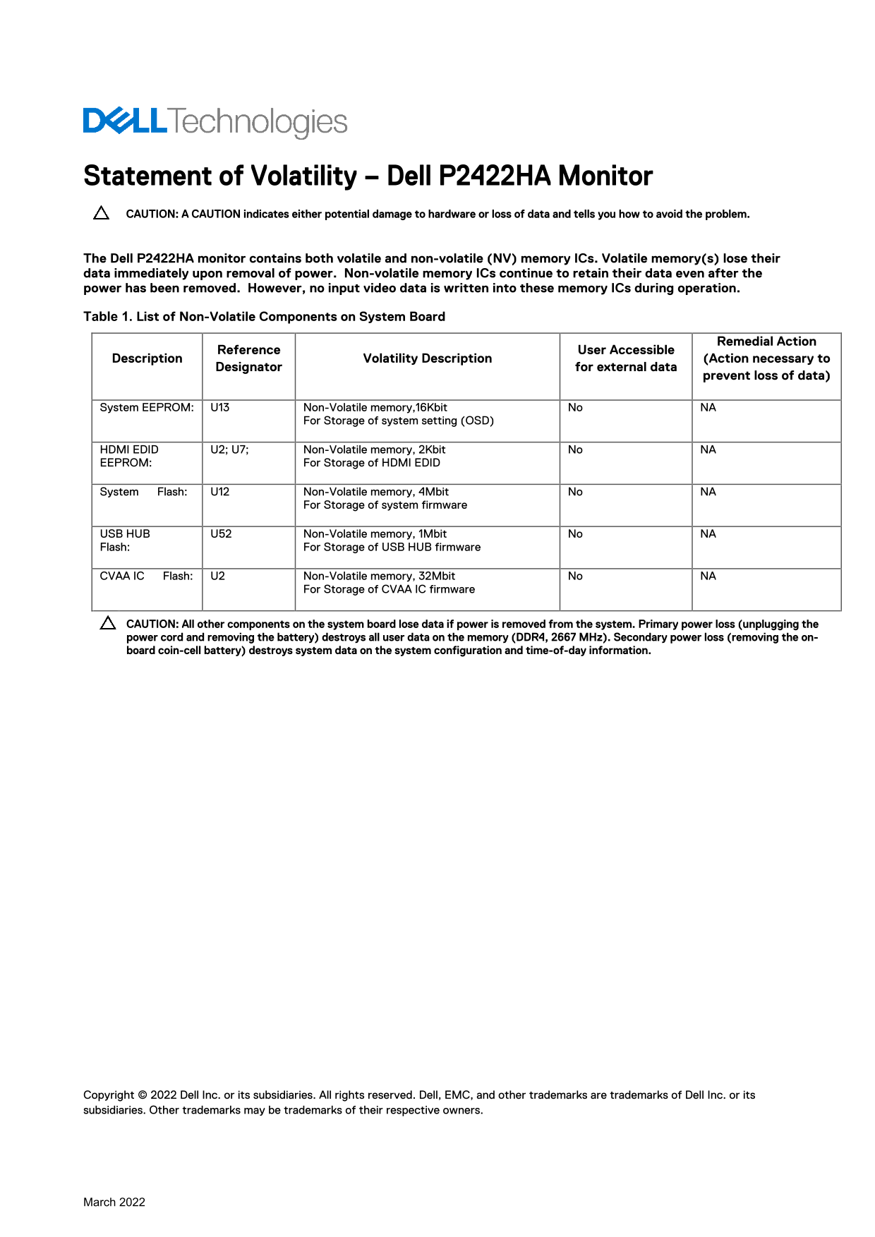 Dell P2422HA Monitor Statement of Volatility - Page 1
