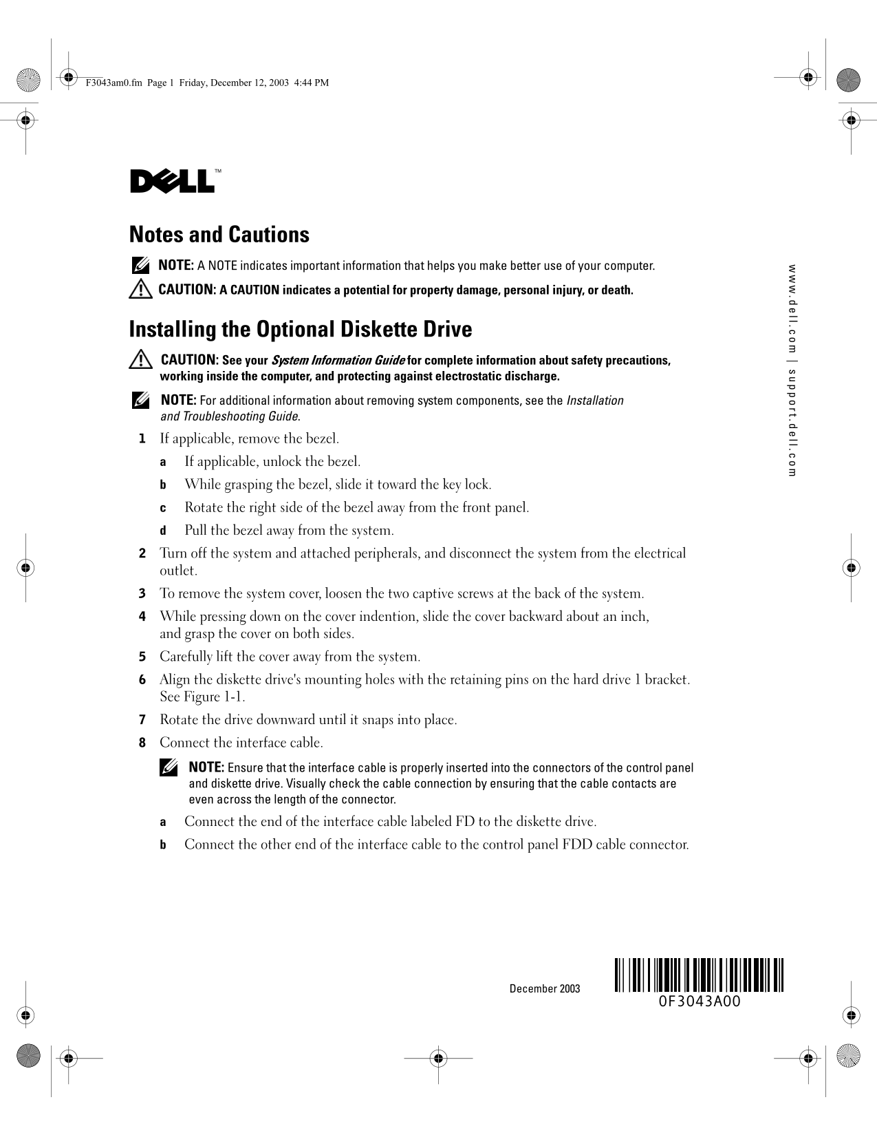 Installing Optional Floppy Disk Drive - Dell - Page 1