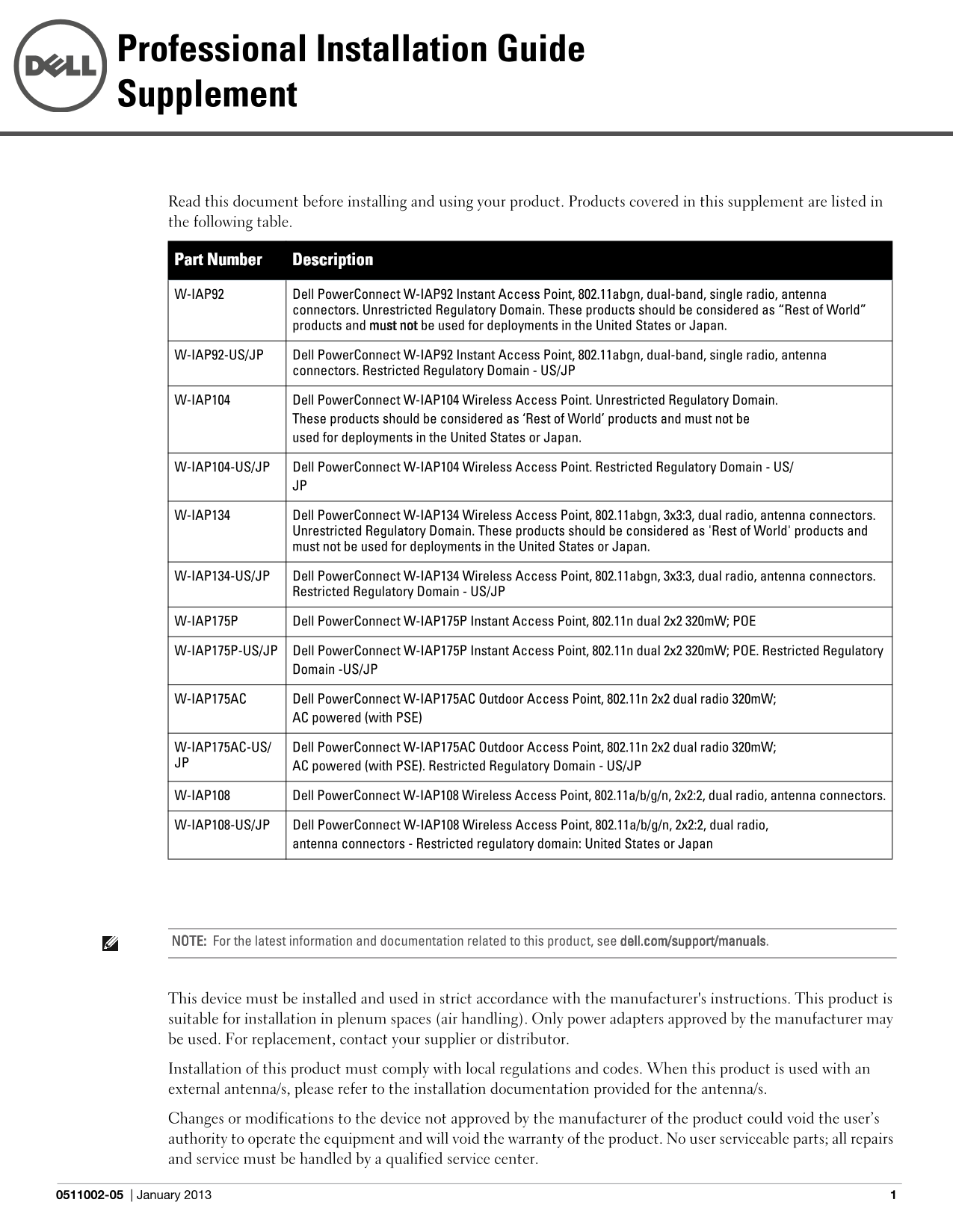 Dell PowerConnect W-IAP3WN P Professional Installation Guide Supplement - Page 1