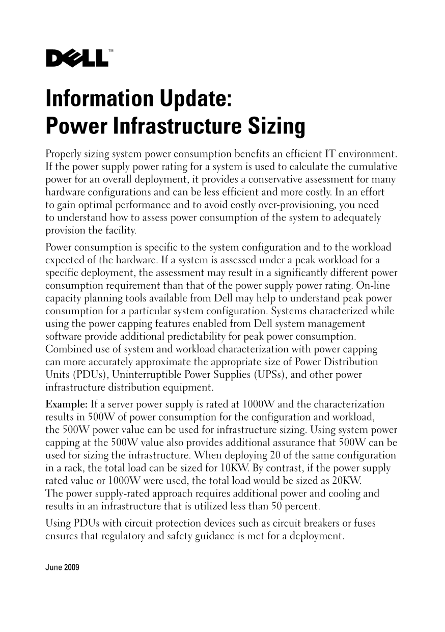 Dell Information Update Power Infrastructure Sizing Specifications User Guide - Page 1