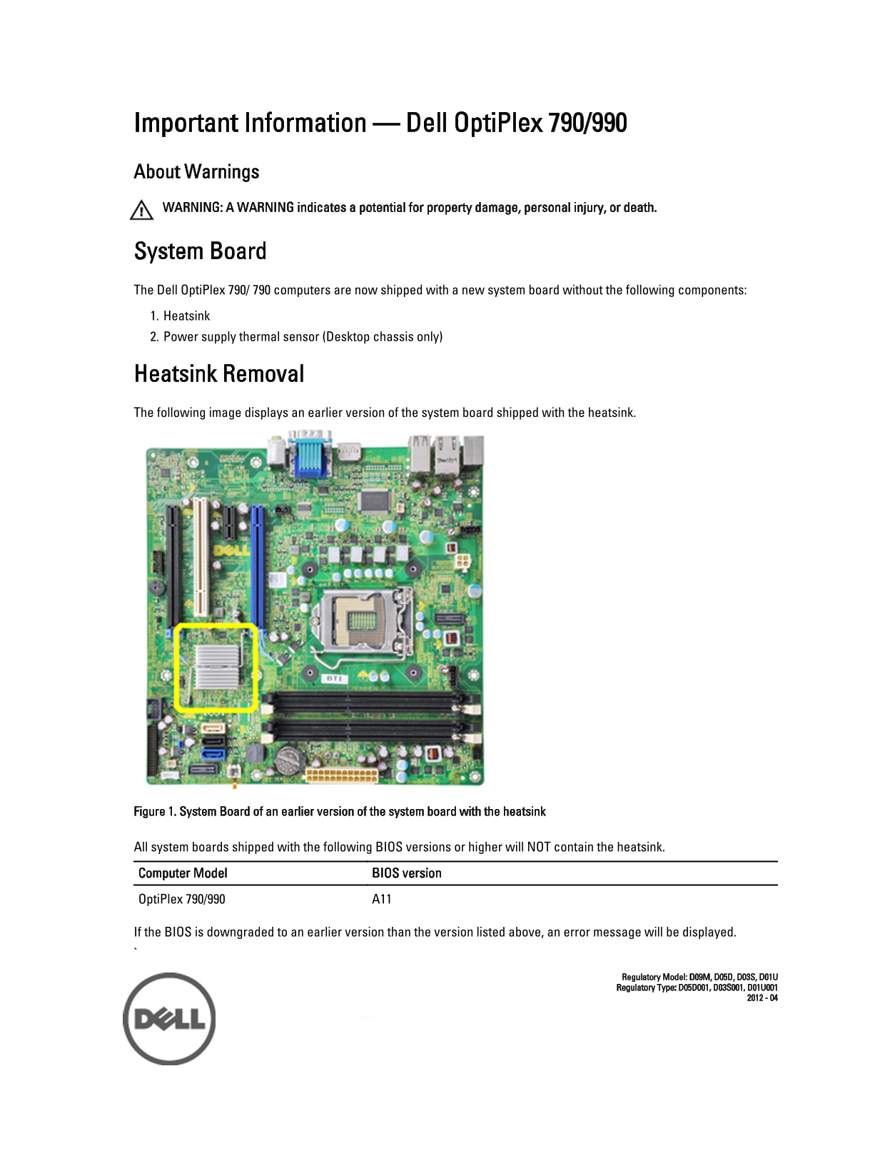Dell OptiPlex 990 Important Information  - New System Board User Guide - Page 1