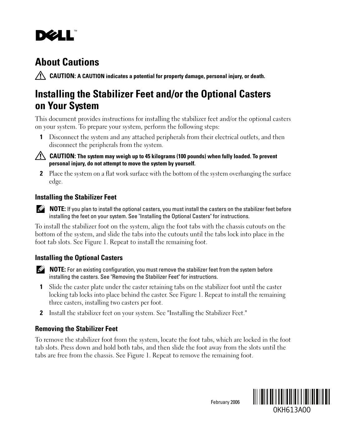 Installing Stable Supports and/or Optional Casters on Dell Systems - Page 1