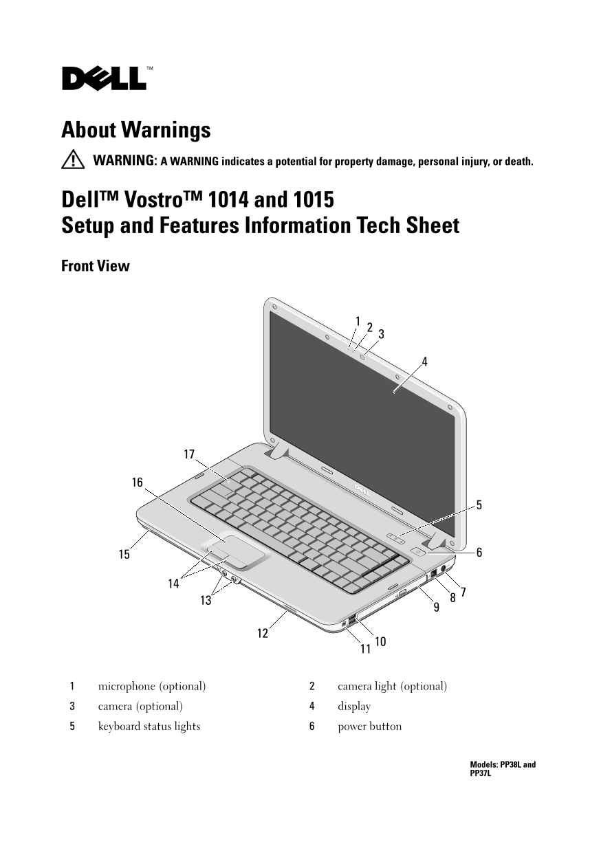 Dell Vostro 1014 Setup Tech Sheet User Guide - Page 1