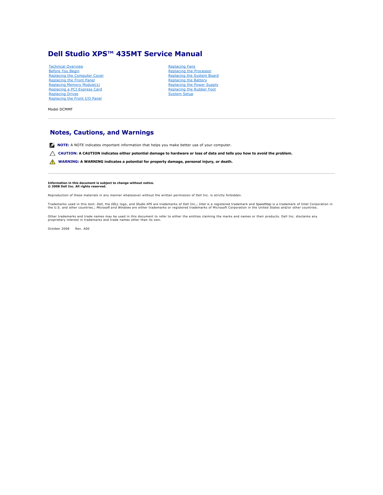 Dell Studio XPS 435 MT Service Manual - Page 1