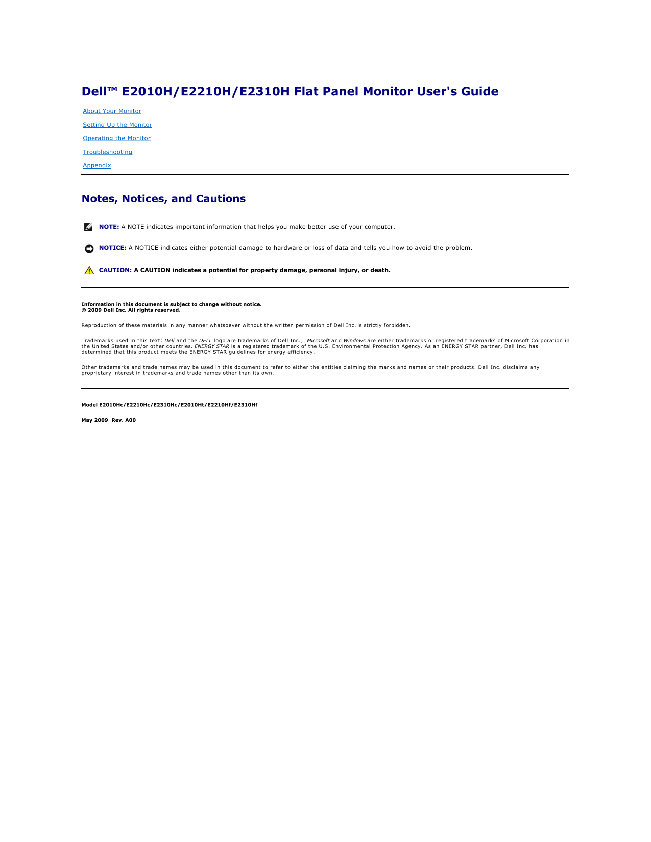 Dell E2010H Monitor User' - Page 1