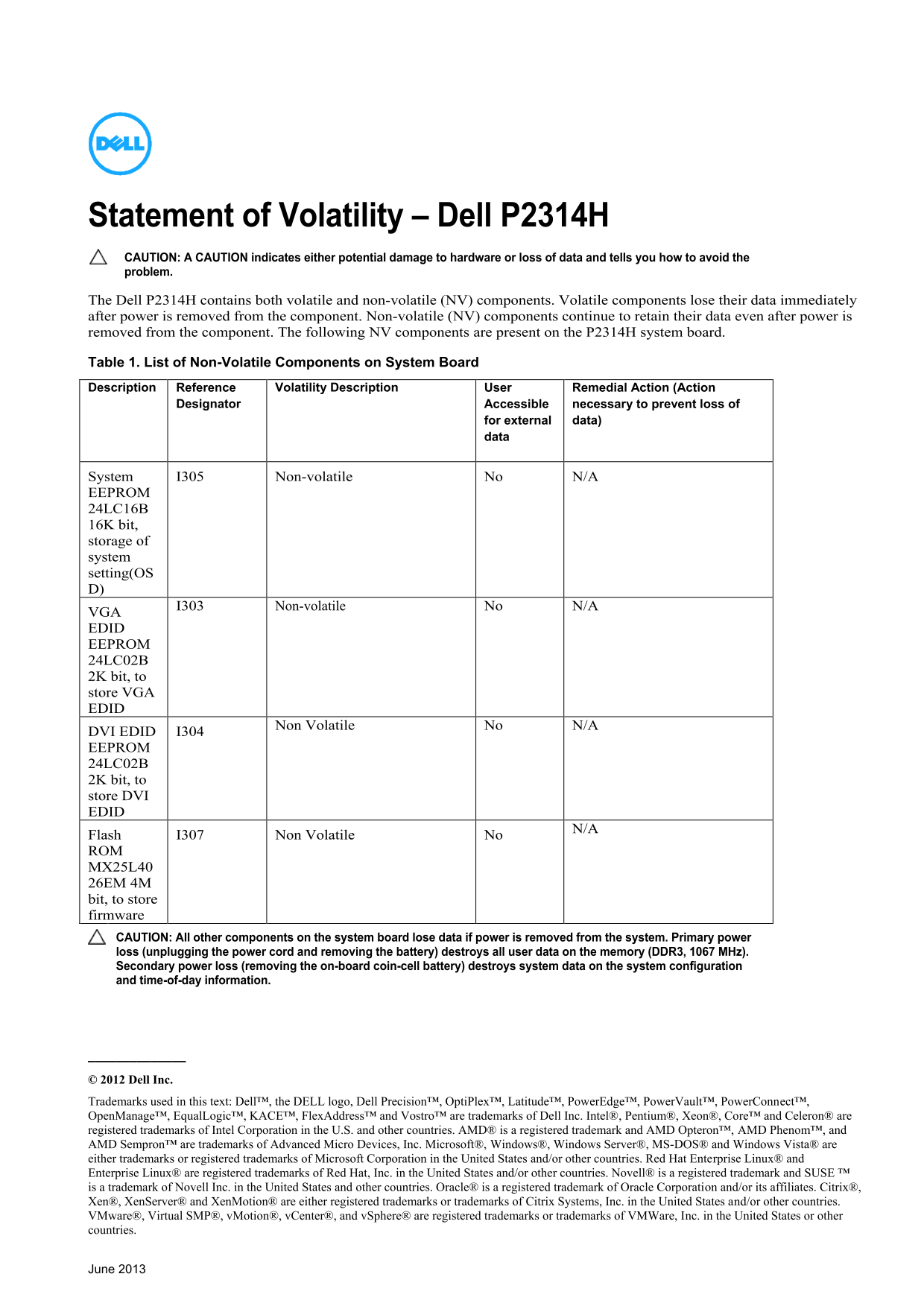 Dell P2314H Monitor Statement of Volatility - Page 1