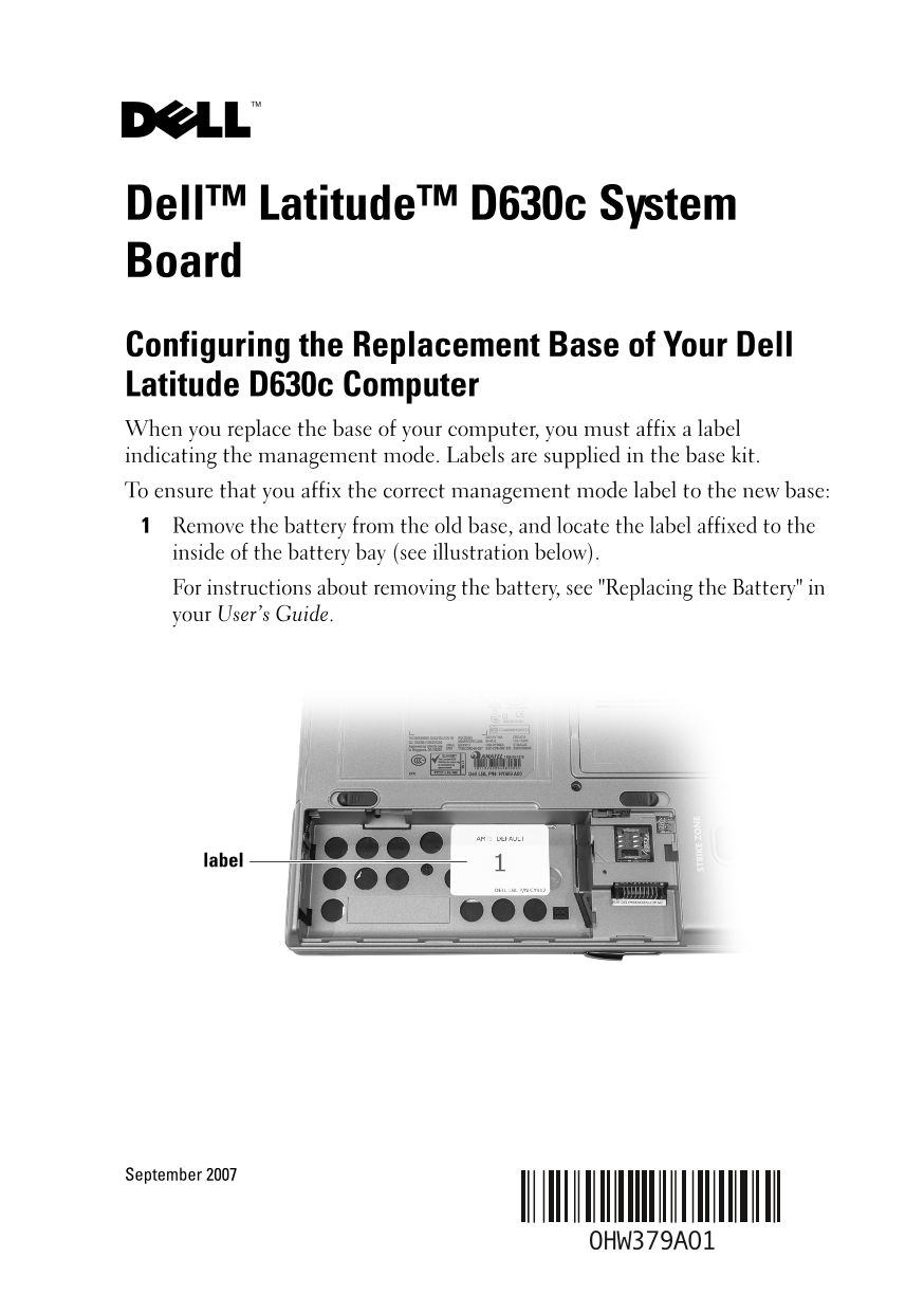 Dell Tech Sheet - Base Assembly Owner's Manual - Page 1