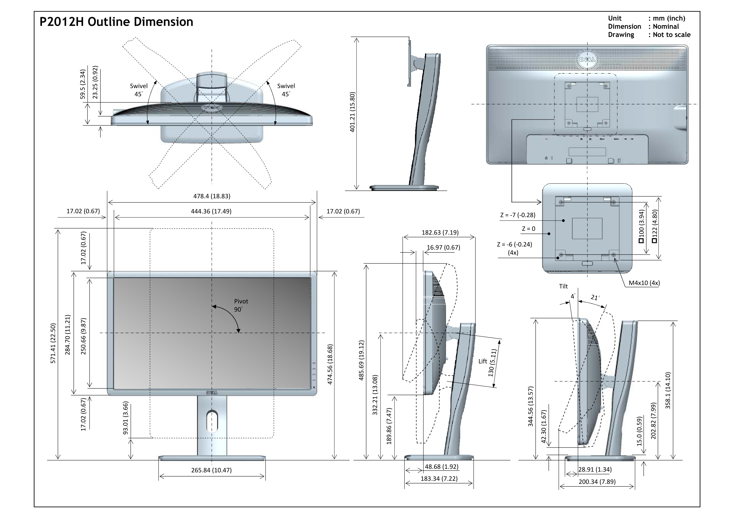 Dell P2012H Monitor Front View Diagram User Guide - Page 1