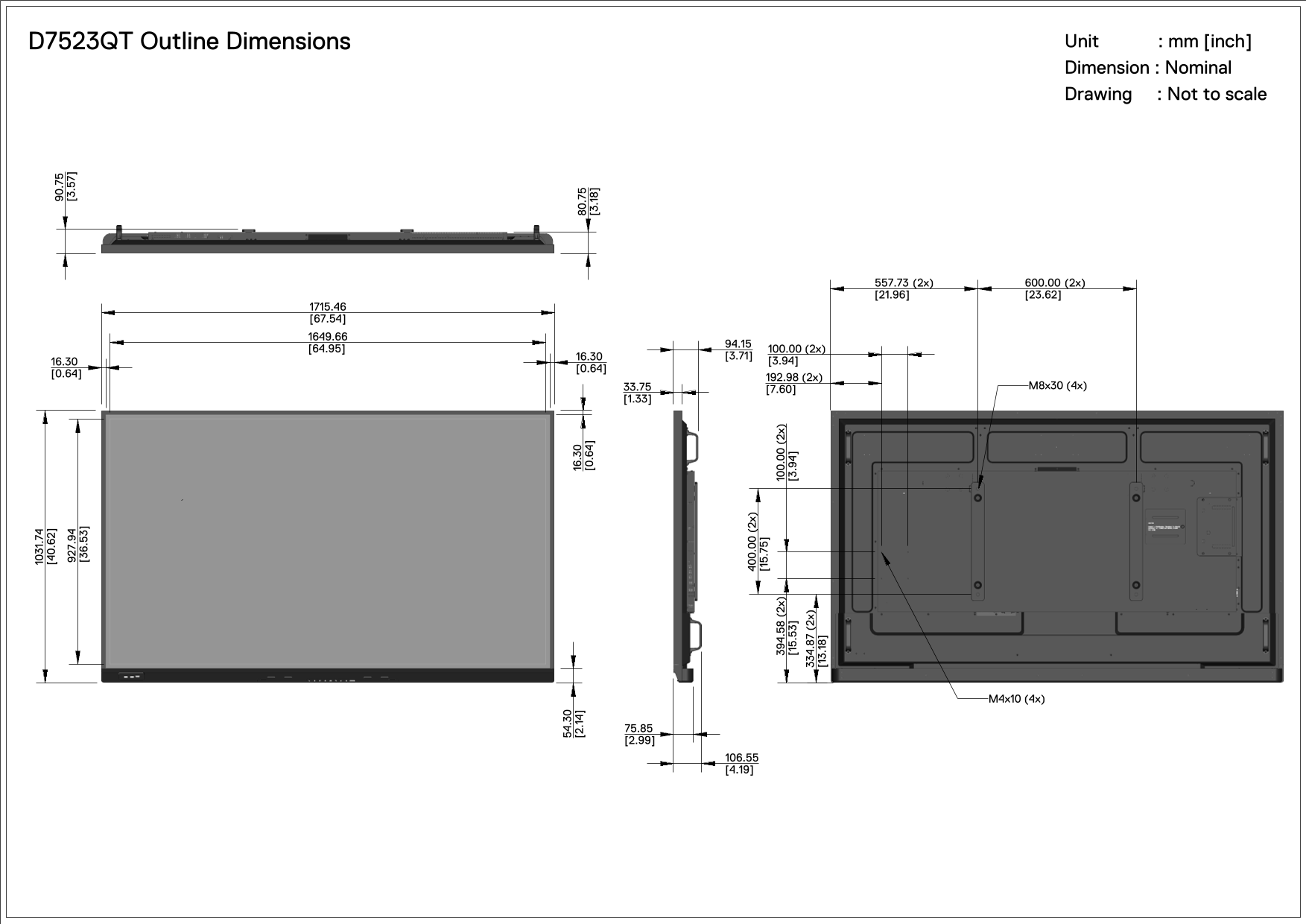 Dell D7523QT Monitor Outline Dimensions Owner's Manual - Page 1