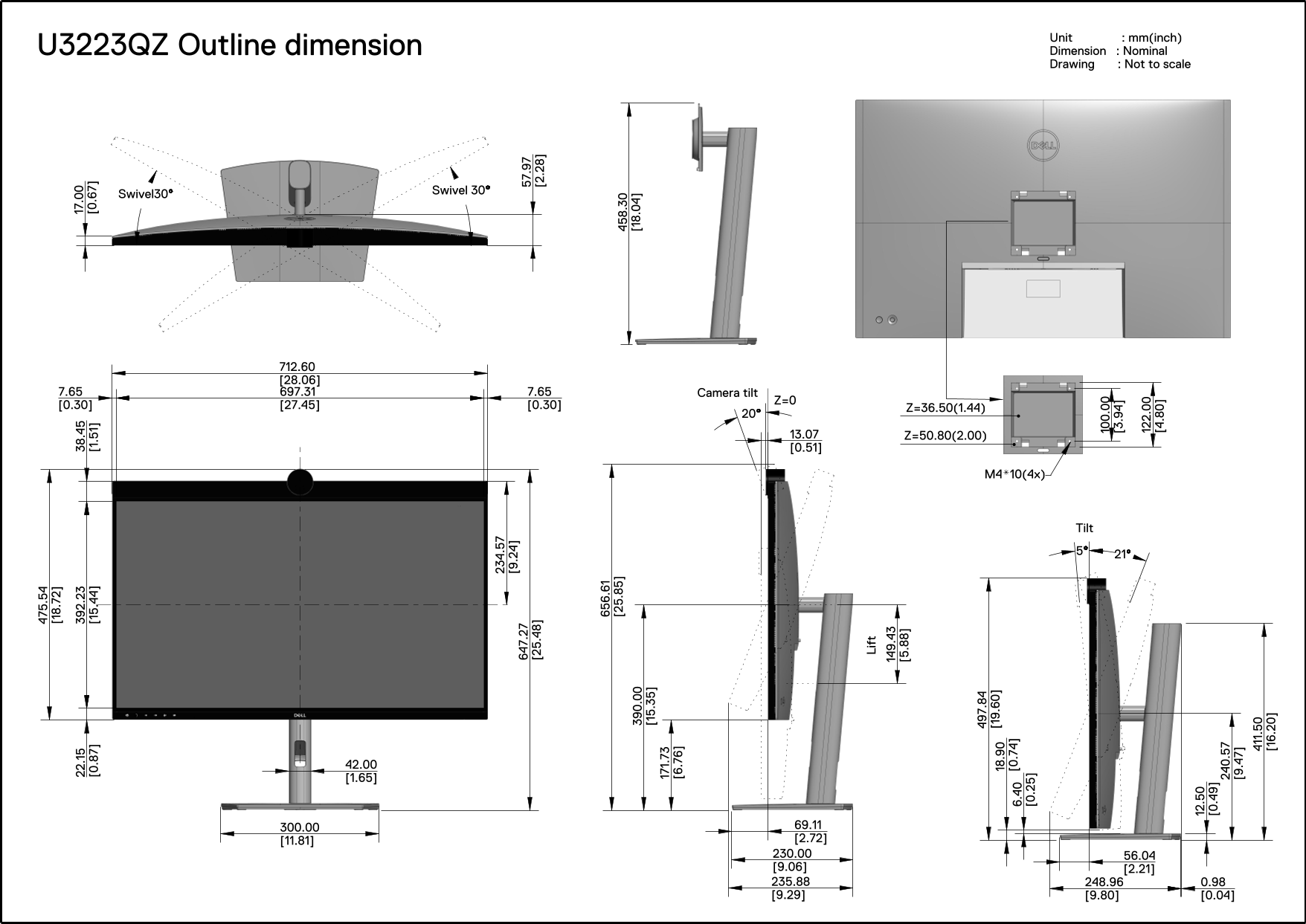 Dell U3223QZ Monitor Outline Dimensions - Page 1
