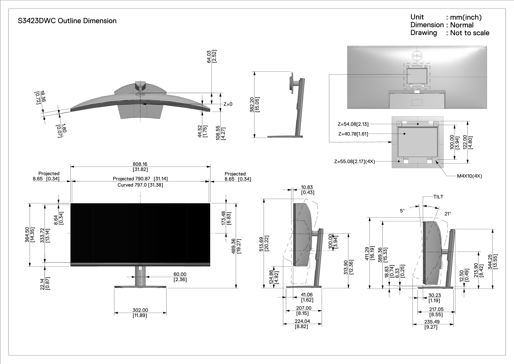 Dell S3423DWC Monitor Outline Dimension Manual  - User Guide - Page 1