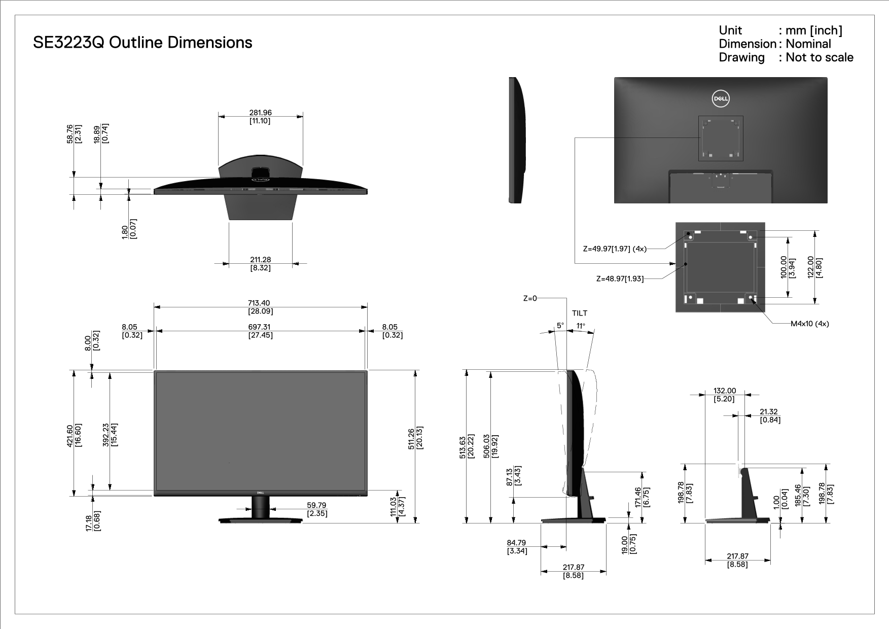 Dell SE3223Q Monitor Outline Dimension User's Guide - Page 1