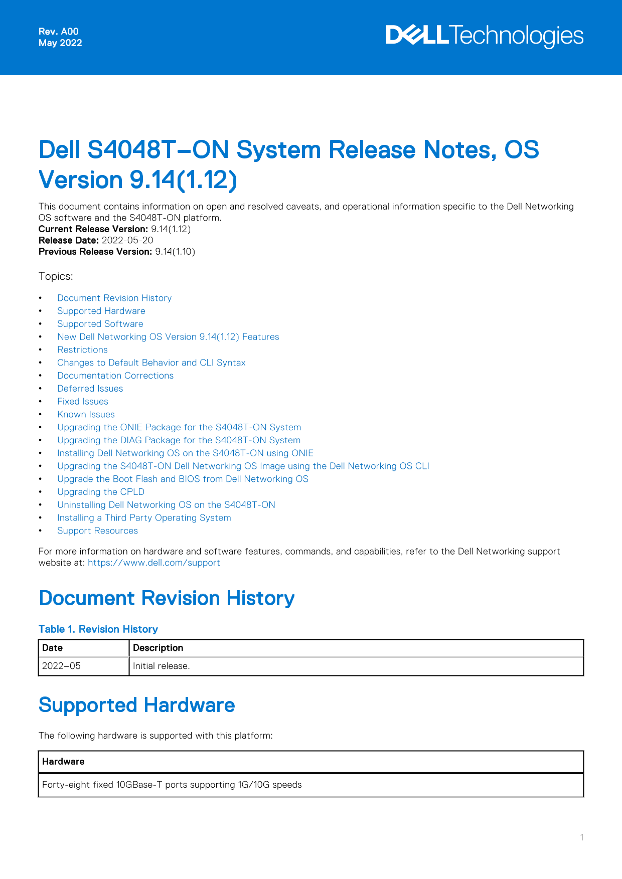 Dell S4048T–ON System Release Notes, OS Version 9.14.1.12 Owner's Manual - Page 1