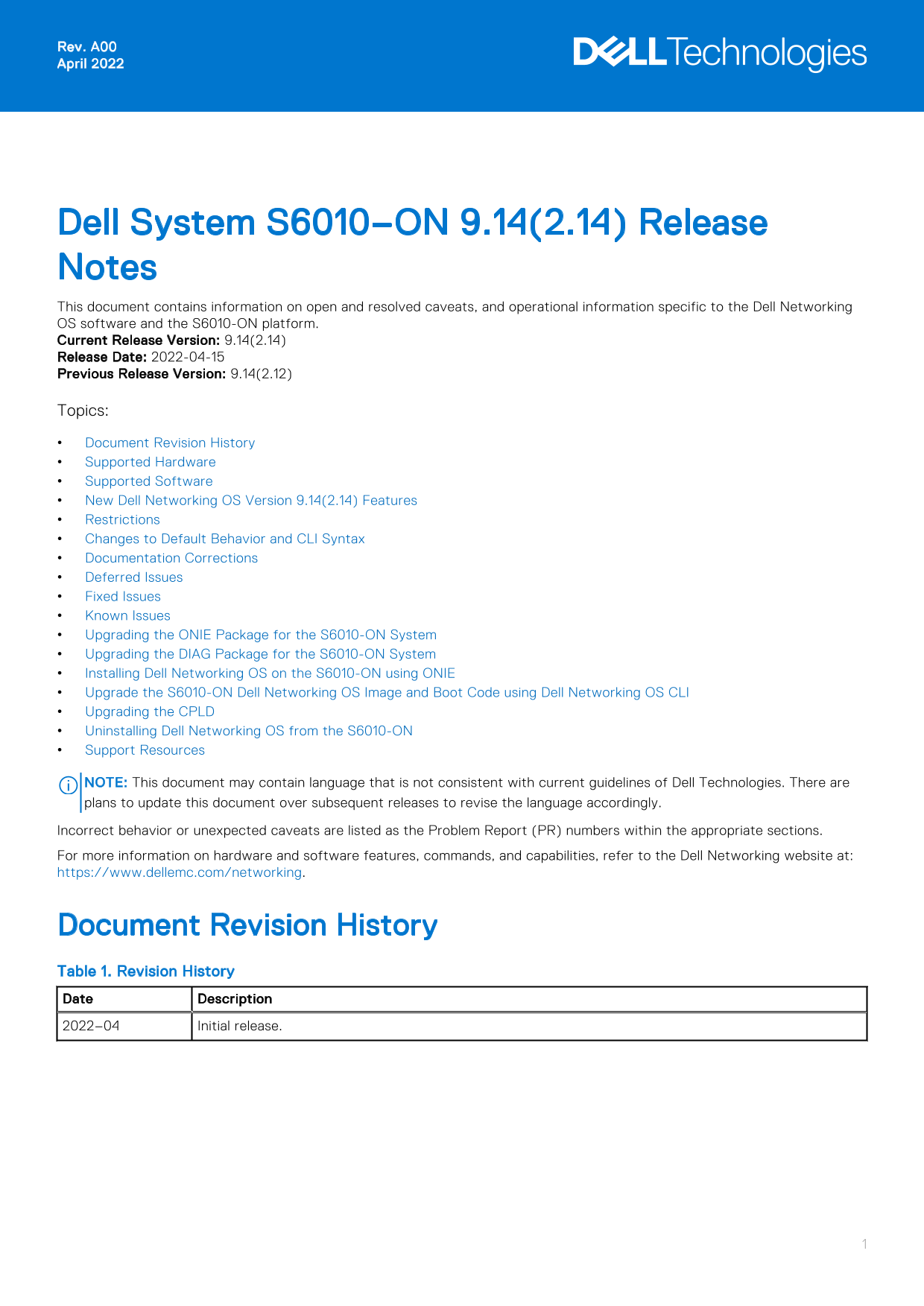 Dell System S6010-ON 9.14.2.14 Release Notes - Page 1