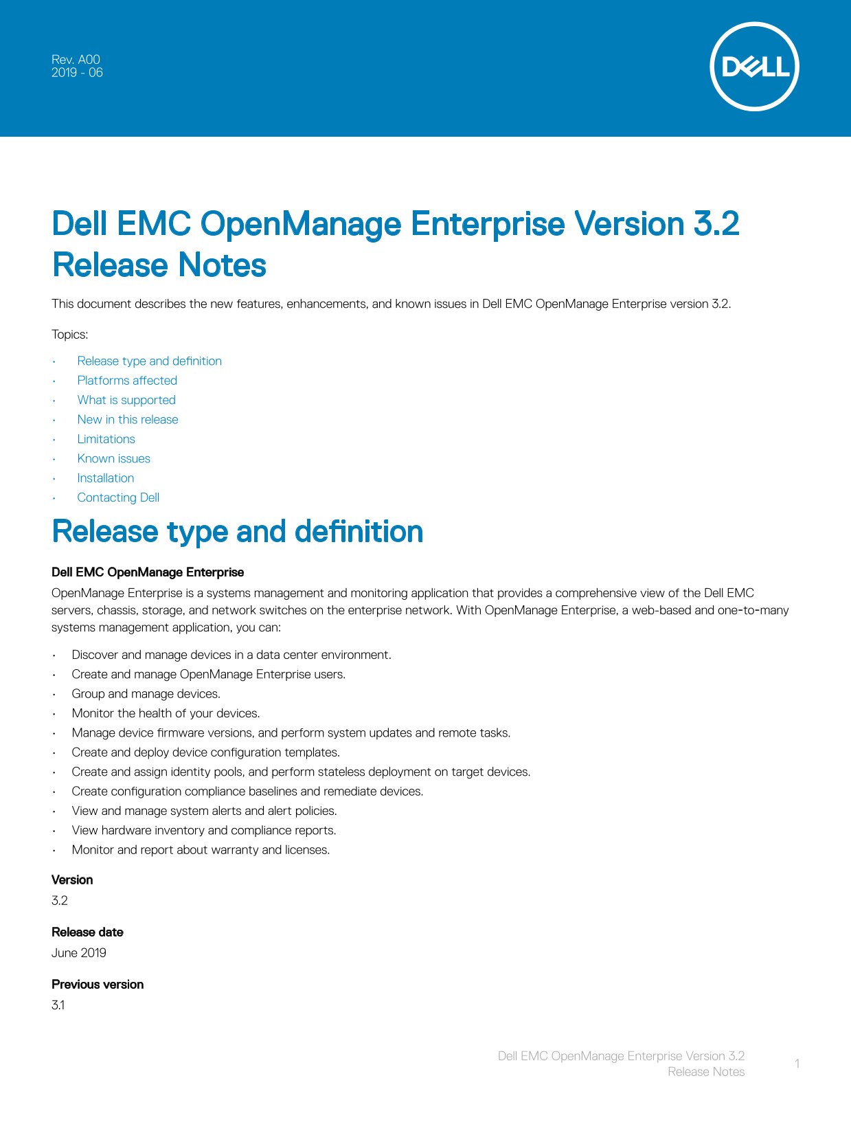 Dell EMC OpenManage Enterprise Version 3.2 Release Notes - Page 1