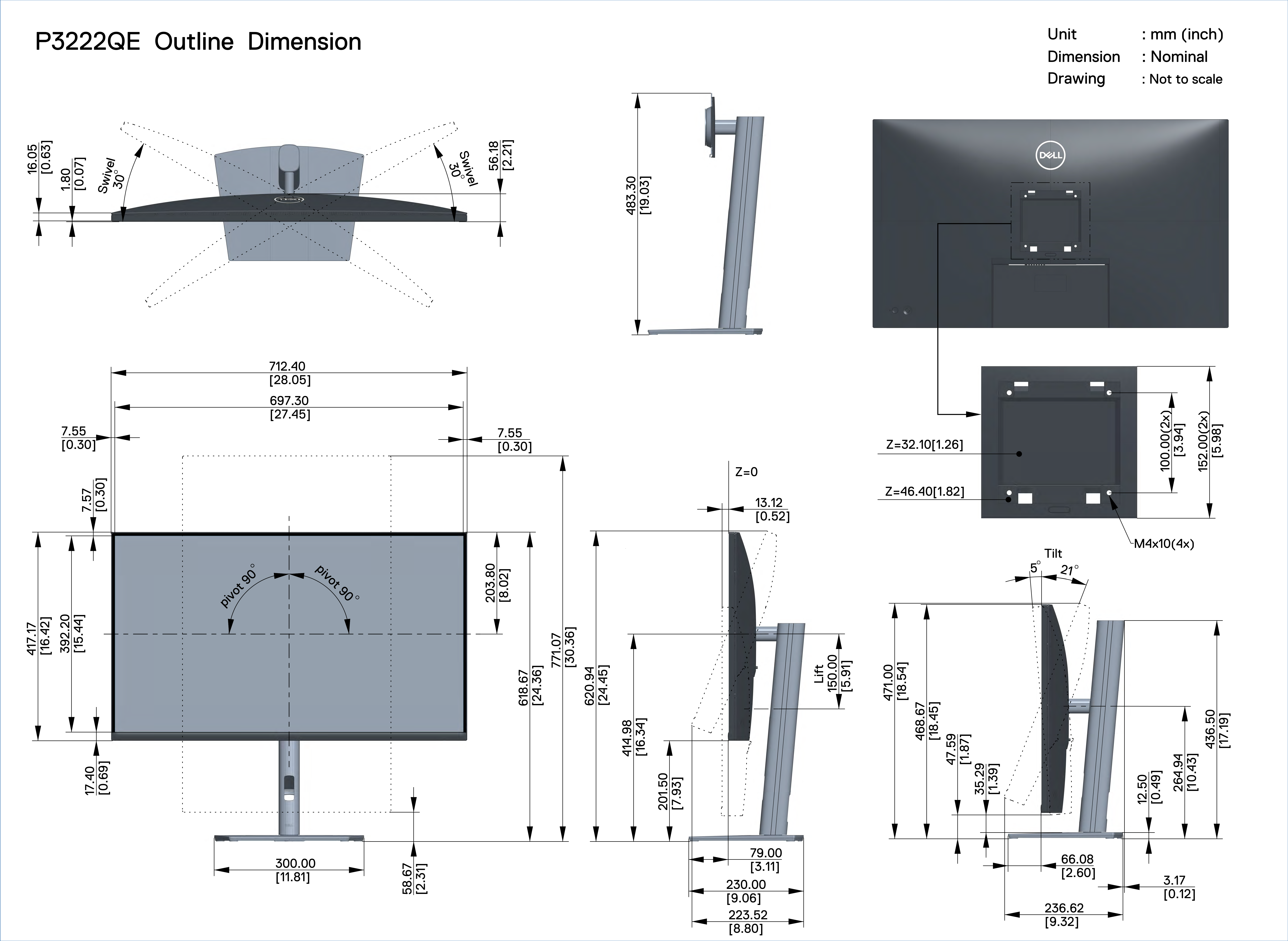 Dell P3223QE Monitor Outline Dimensions User's Guide - Page 1
