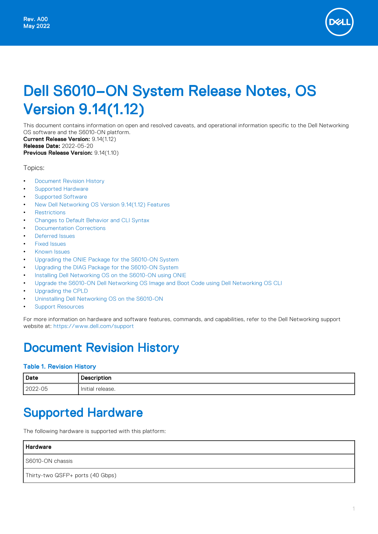 Dell S6010-ON System Release Notes, OS Version 9.14.1.12 Owner's Manual - Page 1