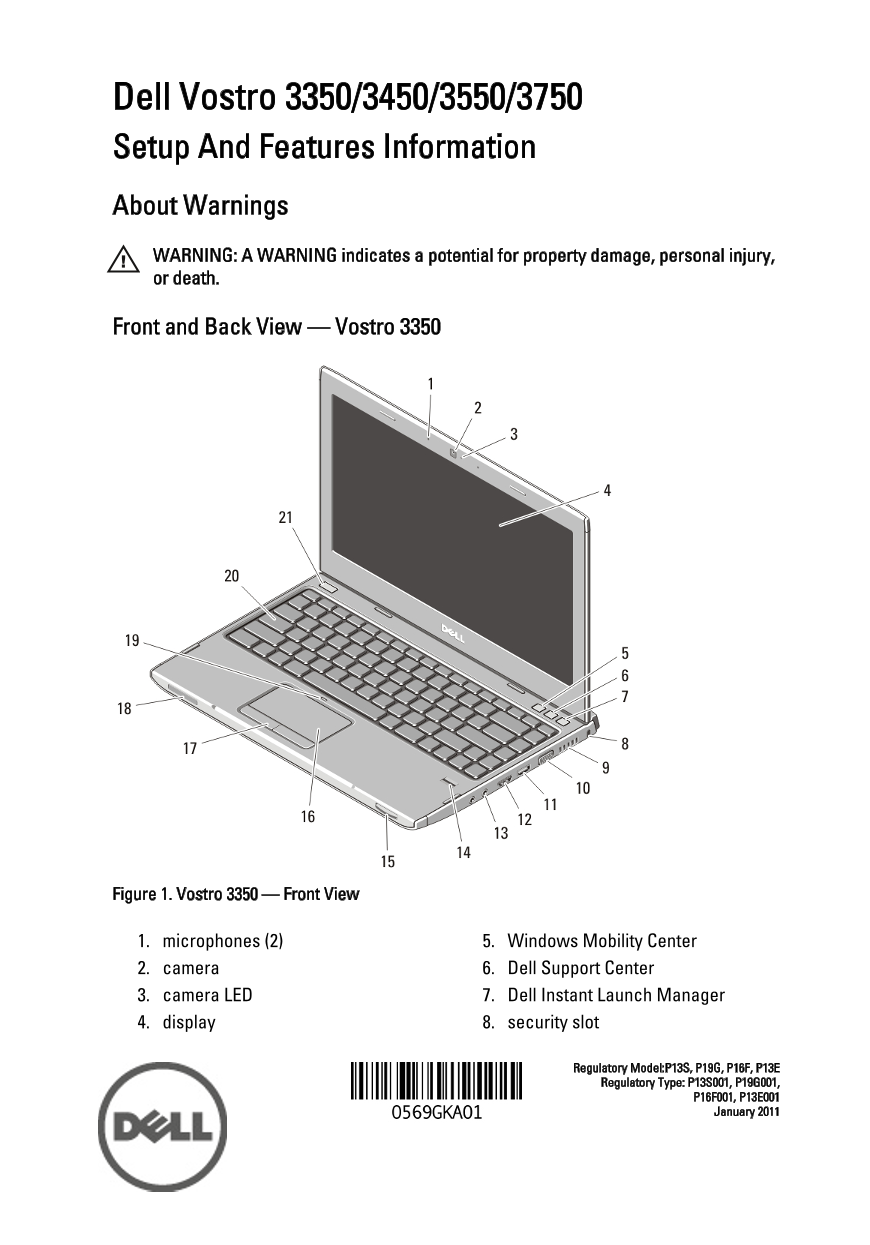 Dell Vostro 3450 Setup and Features Information Tech Sheet - Page 1