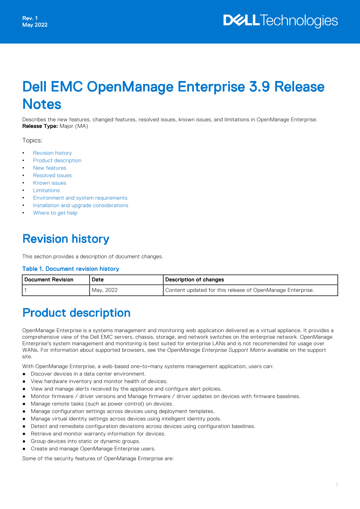 Dell EMC OpenManage Enterprise 3.9 Release Notes - Page 1